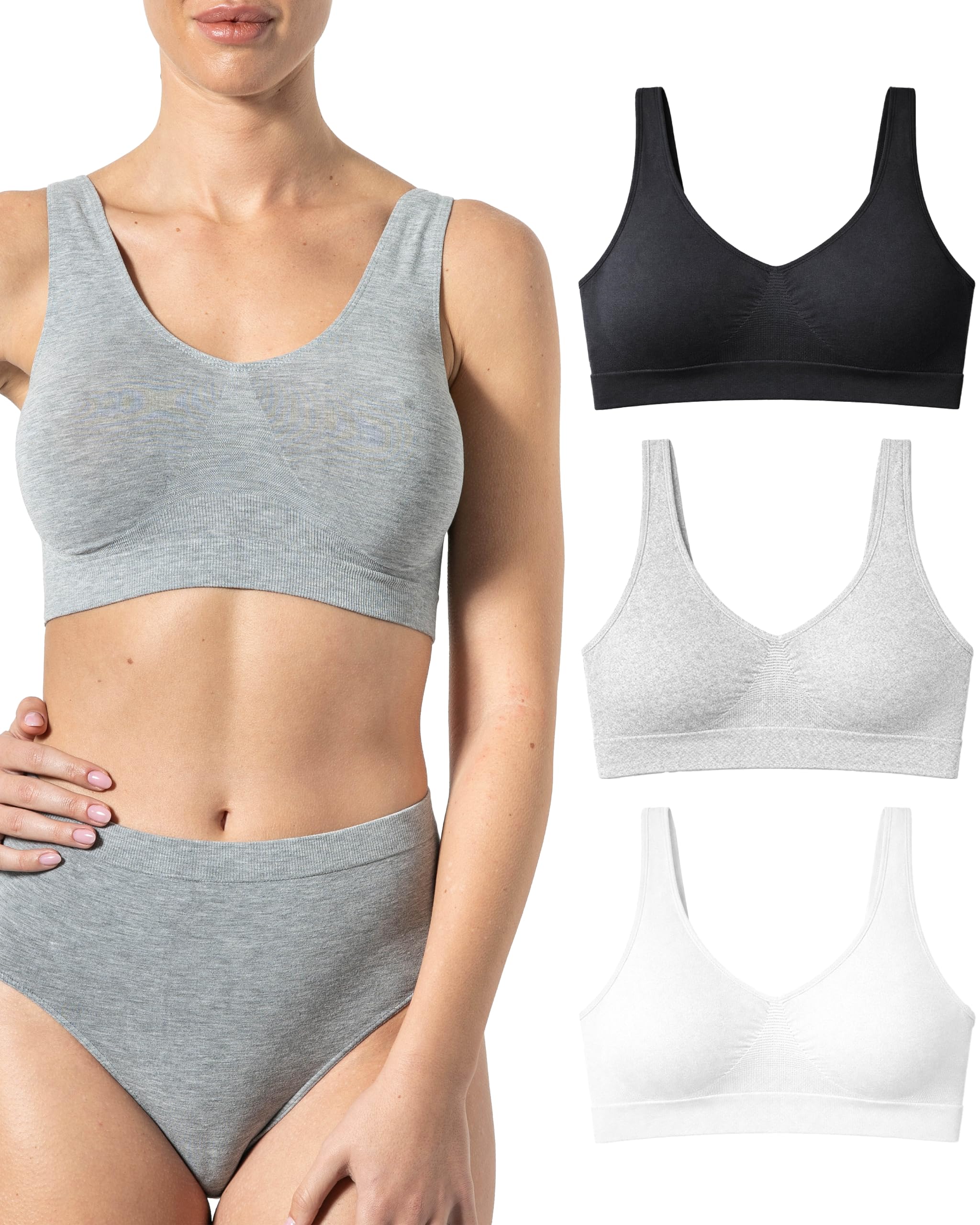 Risalti Seamless Bralette 3 PZ - Women's Bras Light Support, Bamboo Wide-Shoulder Bra - White-black-gray, XXL