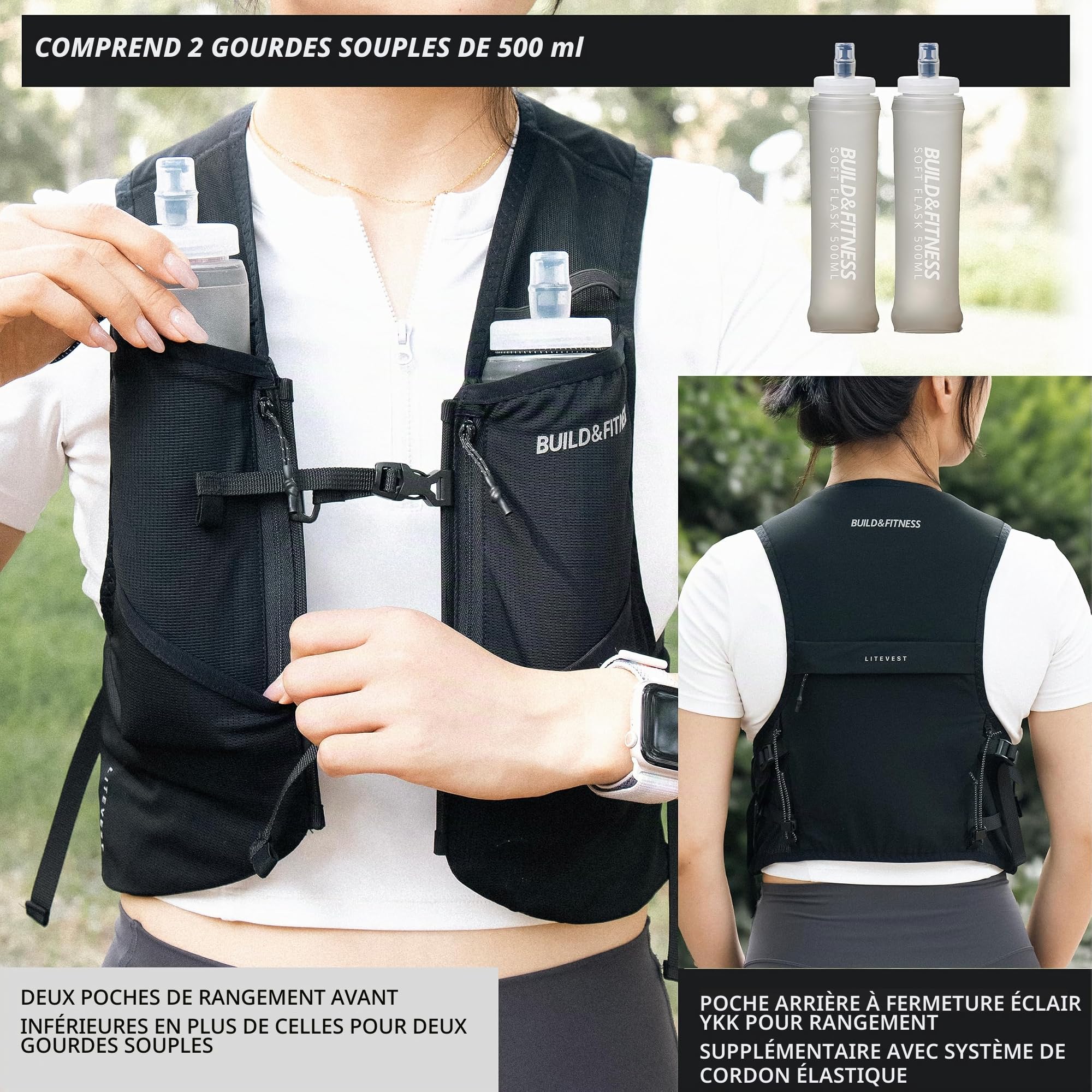Gilet d'hydratation LITEVEST Build & Fitness avec 2 gourdes Souples de 500 ML – 7 Poches, Respirant, Confortable, sécurisé et élégant pour Le Trail, Les Marathons et Les Courses Quotidiennes