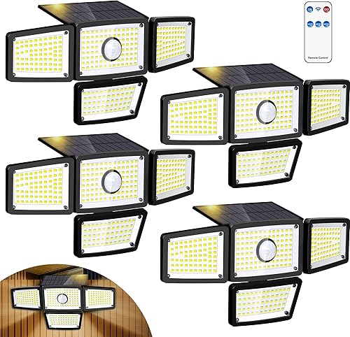 Lámpara solar con sensor de 4 cabezales, sensor de movimiento para exteriores, 3000 lm, 283 LED, 6500 K, sensor de movimiento, IP65 impermeable,