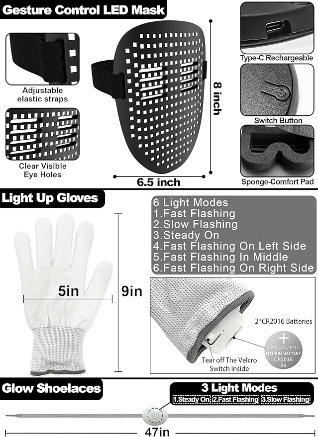 Set de 3 máscaras LED con guantes y cordones luminosos miniatura 4