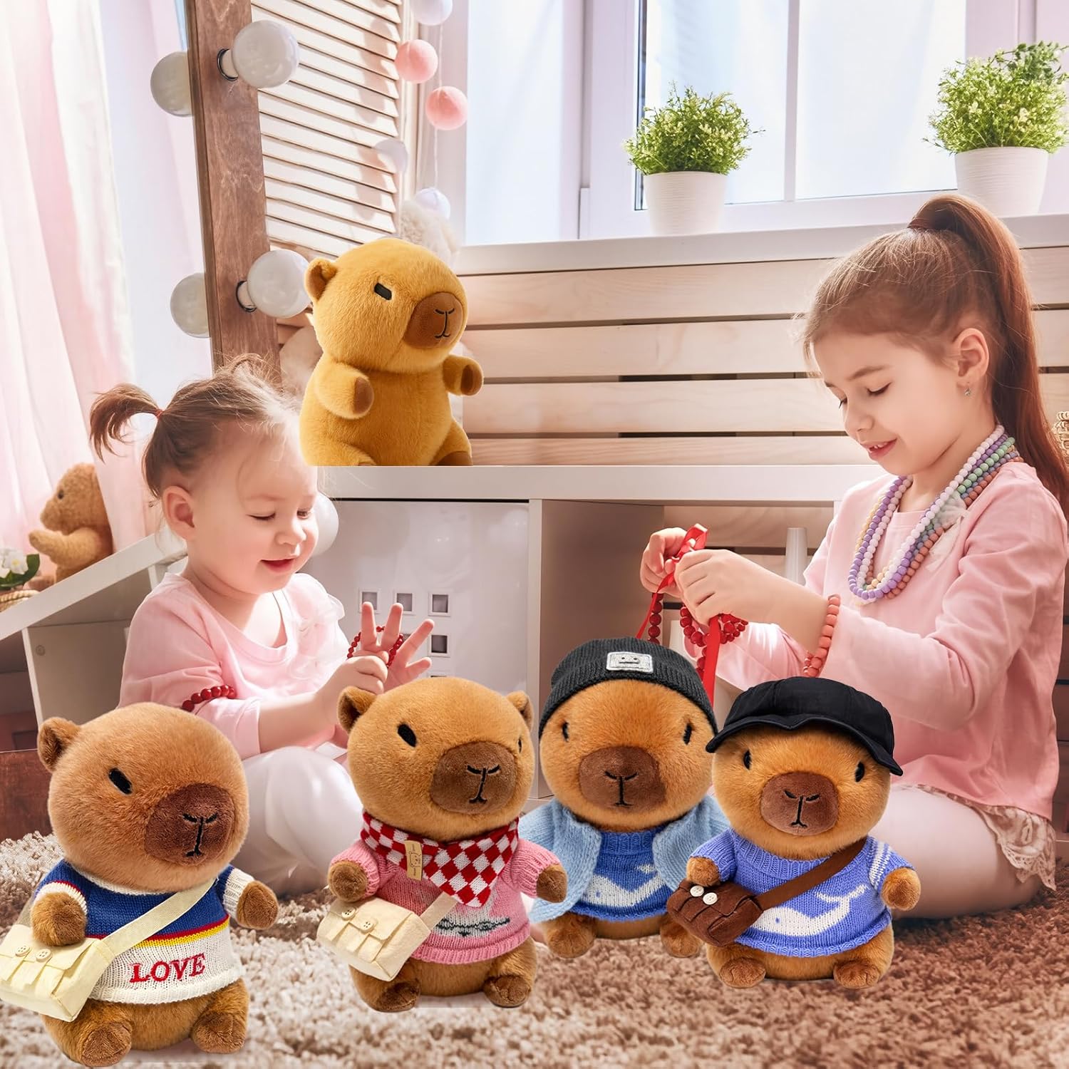 10.2" Brown Capybara Plush Toy with 9 Clothes and Accessories Super Soft Capybara Stuffed Animal for Kids Girls Boys (Blue Capybara)