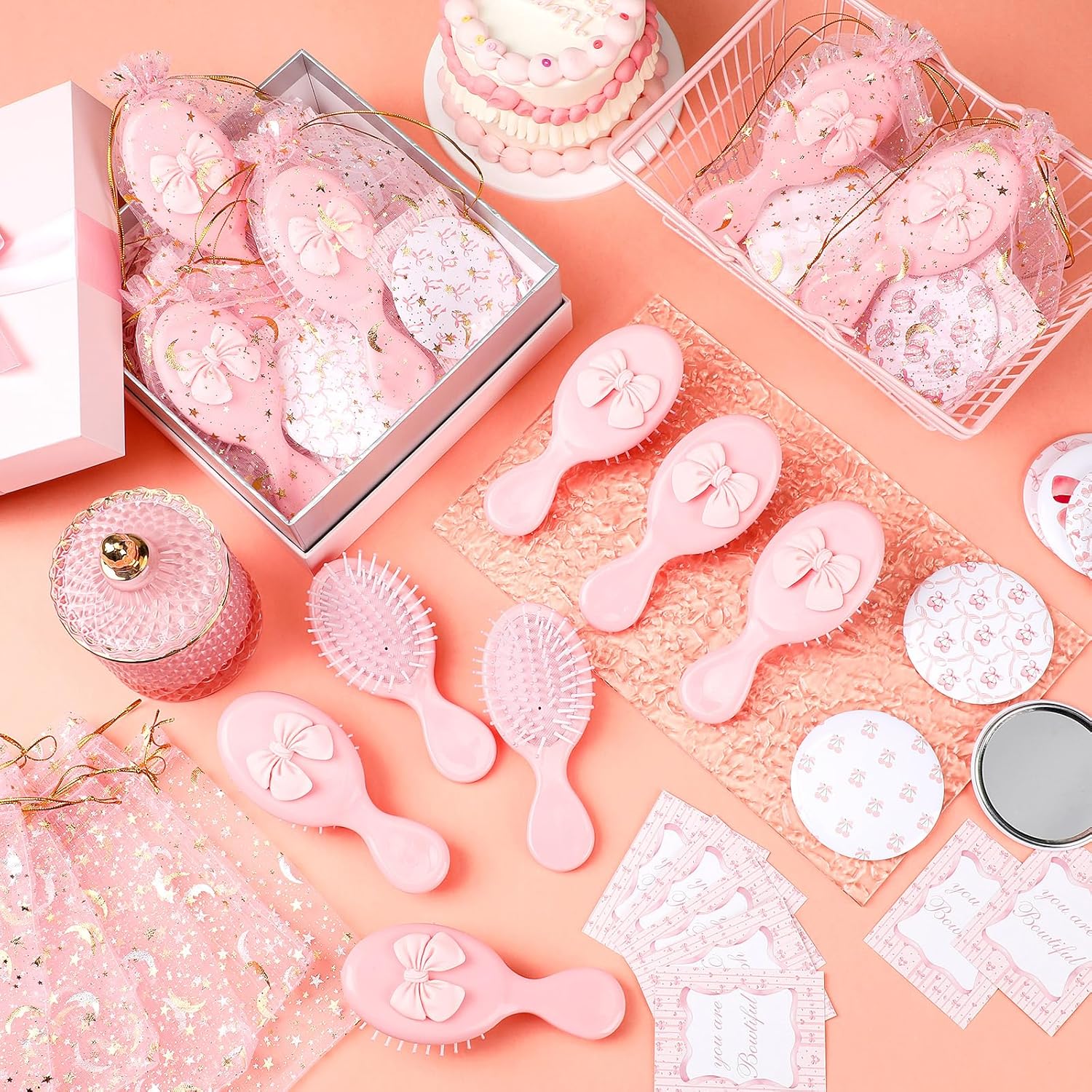 48 Pcs Wedding Bow Party Favors Bow Mini Hair Brush and Little Compact Mirror with Inspirational Cards Gifts for Women Mom Girls Princess Coquette Baby Shower Party Favors(Cute,Pink)