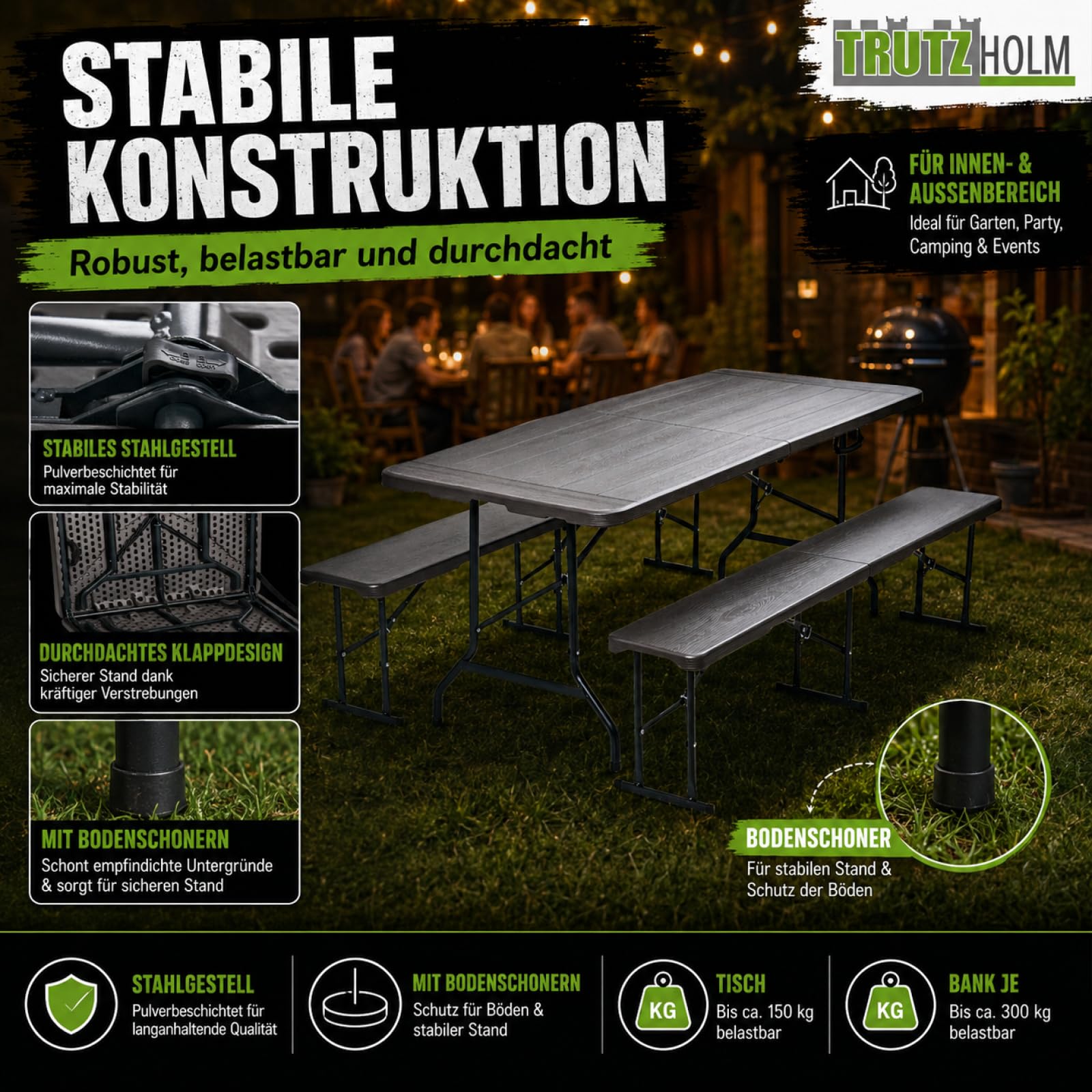TRUTZHOLM Bierzeltgarnitur in Grauer Holzoptik Festzeltgarnitur 180x75cm klappbar Gartenmöbelset 2 Bierbänke 1 Tisch Campingbedarf Gartenparty Balkon Garnitur
