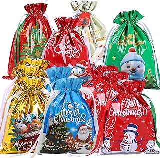 12 Pcs Foil Gift Bags for Presents,Multi Coloured Drawstring Gift Bags Large Christmas Wrapping Foil Bag Snowman Shimmer Reusable Christmas Sacks Easy Gifts Wrap Bag for Present Birthday Wedding Party