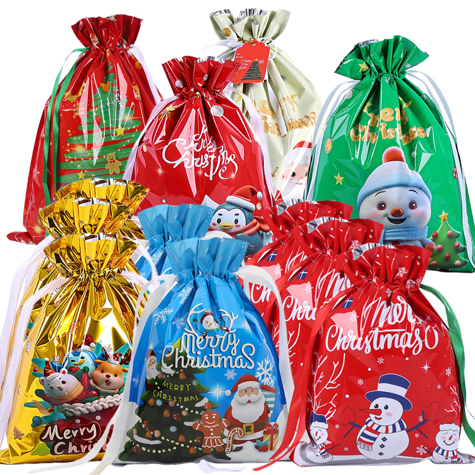 12 Pcs Foil Gift Bags for Presents,Multi Coloured Drawstring Gift Bags Large Christmas Wrapping Foil Bag Snowman Shimmer Reusable Christmas Sacks Easy Gifts Wrap Bag for Present Birthday Wedding Party