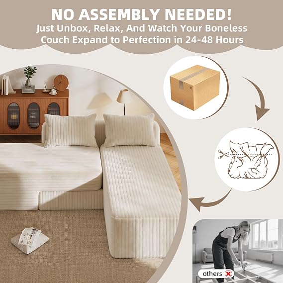 Boneless Modular Sectional Sofa, Flexible Adjustable Upholstered Couch with No Hard Frame, Easy to Move & Rearrange, Space-Saving for Apartment, Small Living Room, Dorm, Beige