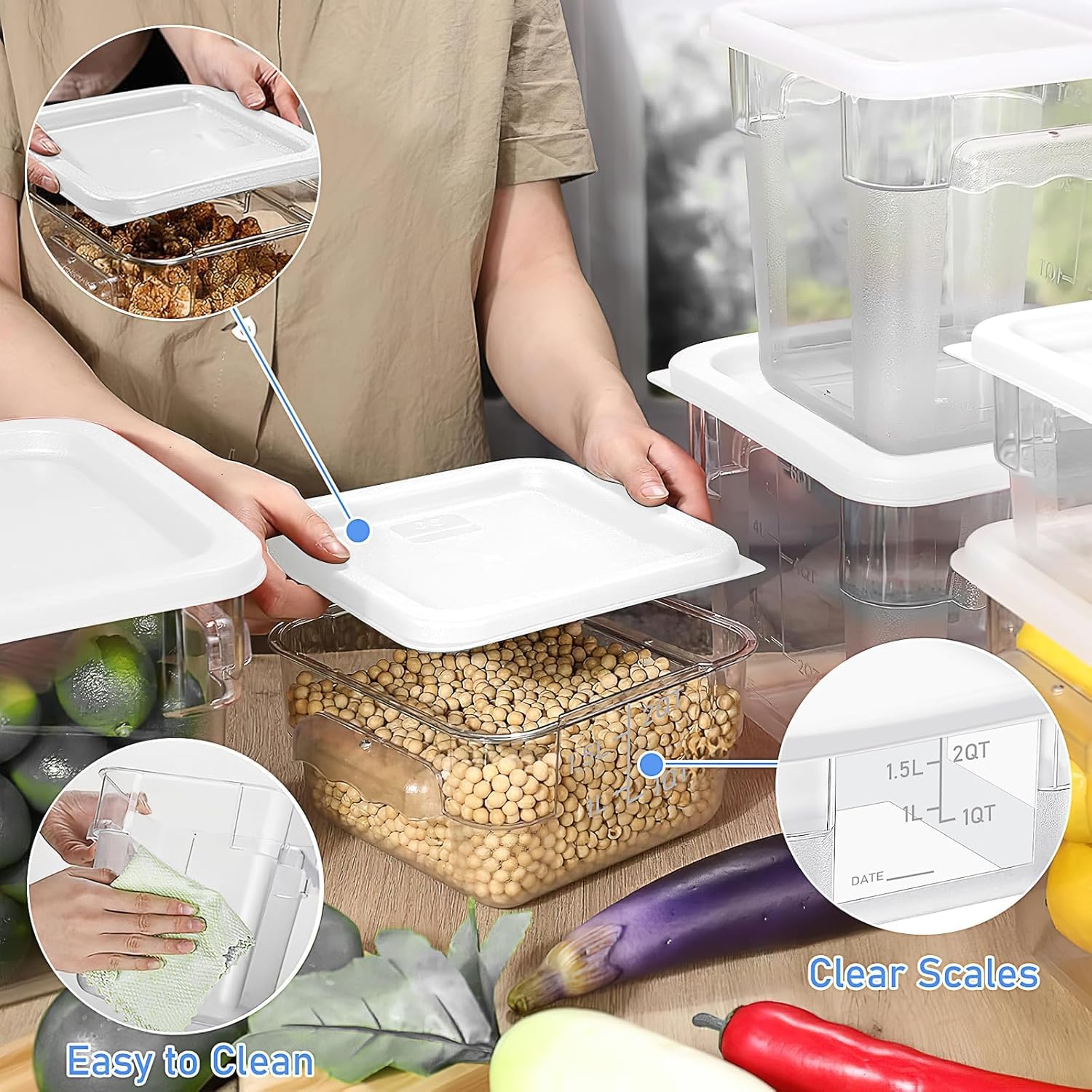 Set di 4 contenitori per alimenti con coperchio, 2 e 4 litri, in plastica trasparente, con manici per bilance, per casa, ristorante, frigorifero, congelatore, cucina, salamoia, pasta, marinare la