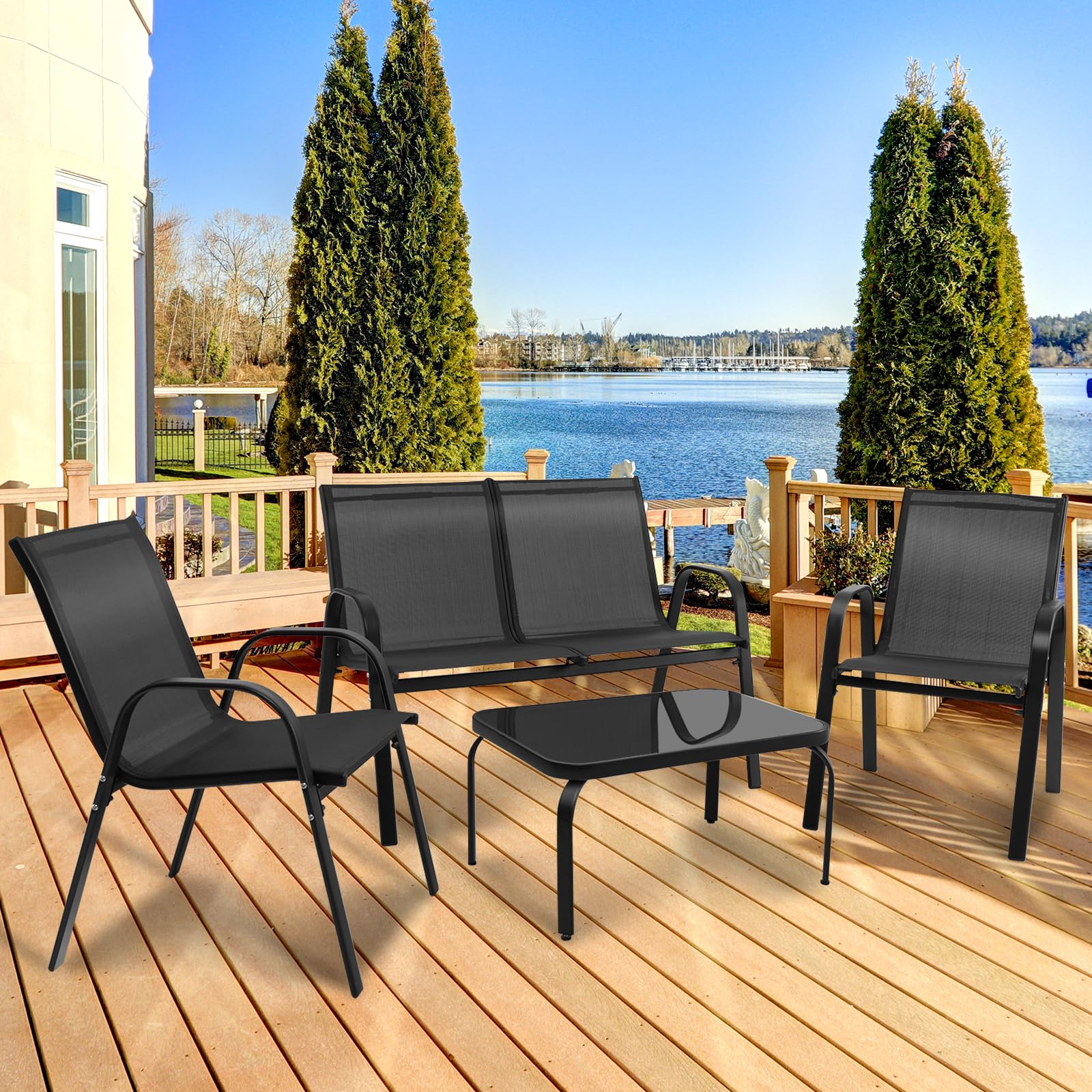 KOMFOTTEU Juego de Muebles de Jardín de 4 Piezas, Conjunto con Banco de 2 Plazas, Mesa de Centro y 2 Sillones, Set de Muebles de Textileno y Cristal Templado, para Balcón, Terreza, Patio (Negro)