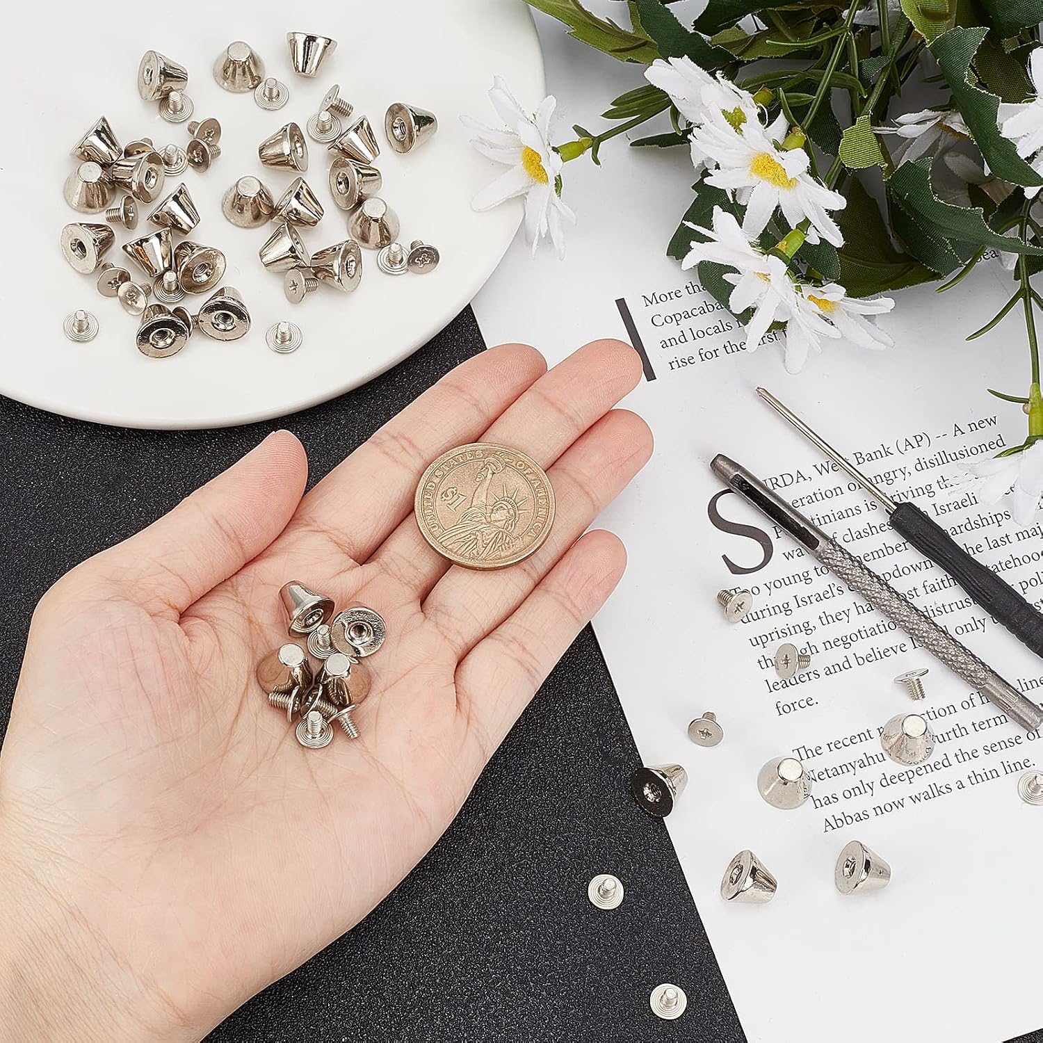 GORGECRAFT 30 Sets 8mm Height Silver Barrel Riveted Spikes Studs Screw Back Rivets with Screwdriver Handbag Feet Punch Tool Flat Head Punk Studs Buckle Button Cap for Clothing Shoes Leather Craft