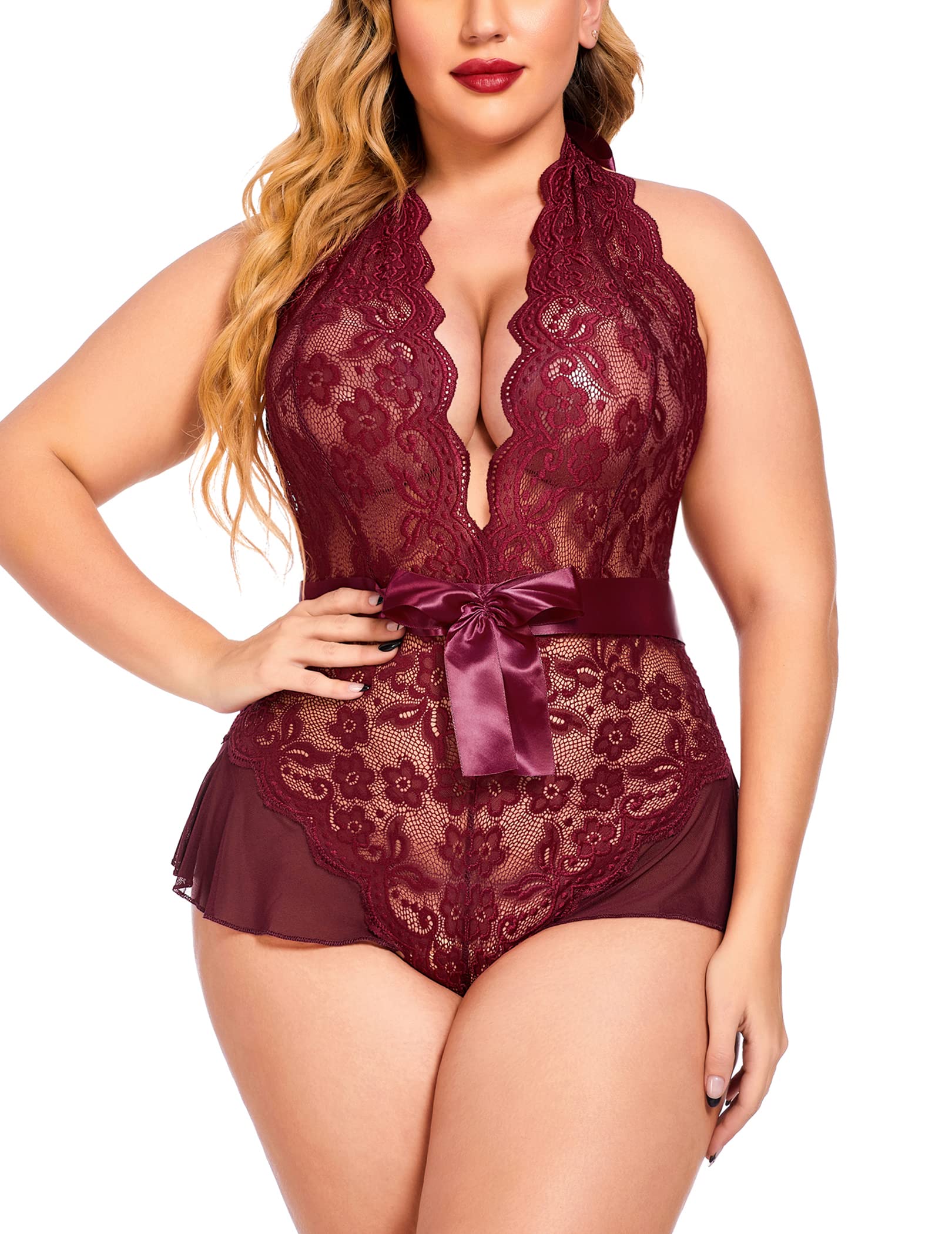 Avidlove Lingerie Plus Size for Women Halter V Neck Teddy Lingerie Lace Bodysuit Babydoll - 20W Dark Red