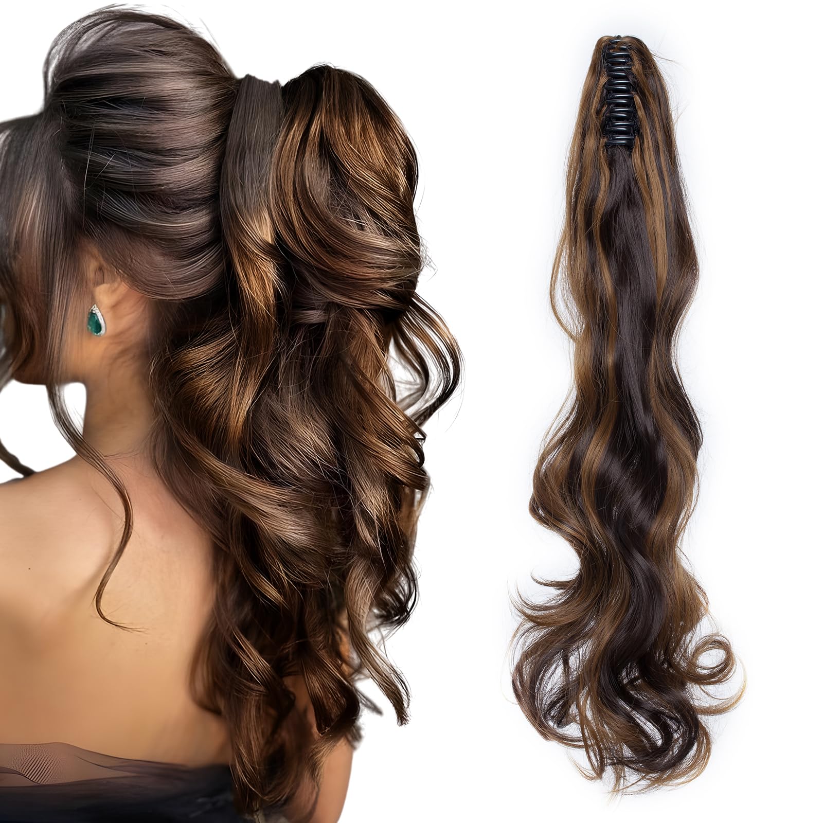 TESS 24 Inch Claw Clip Ponytail Hair Extensions Curly Wavy Ponytail Extension #Dark Brown Mixed Sandy Blonde Hair Extension for Women 150g
