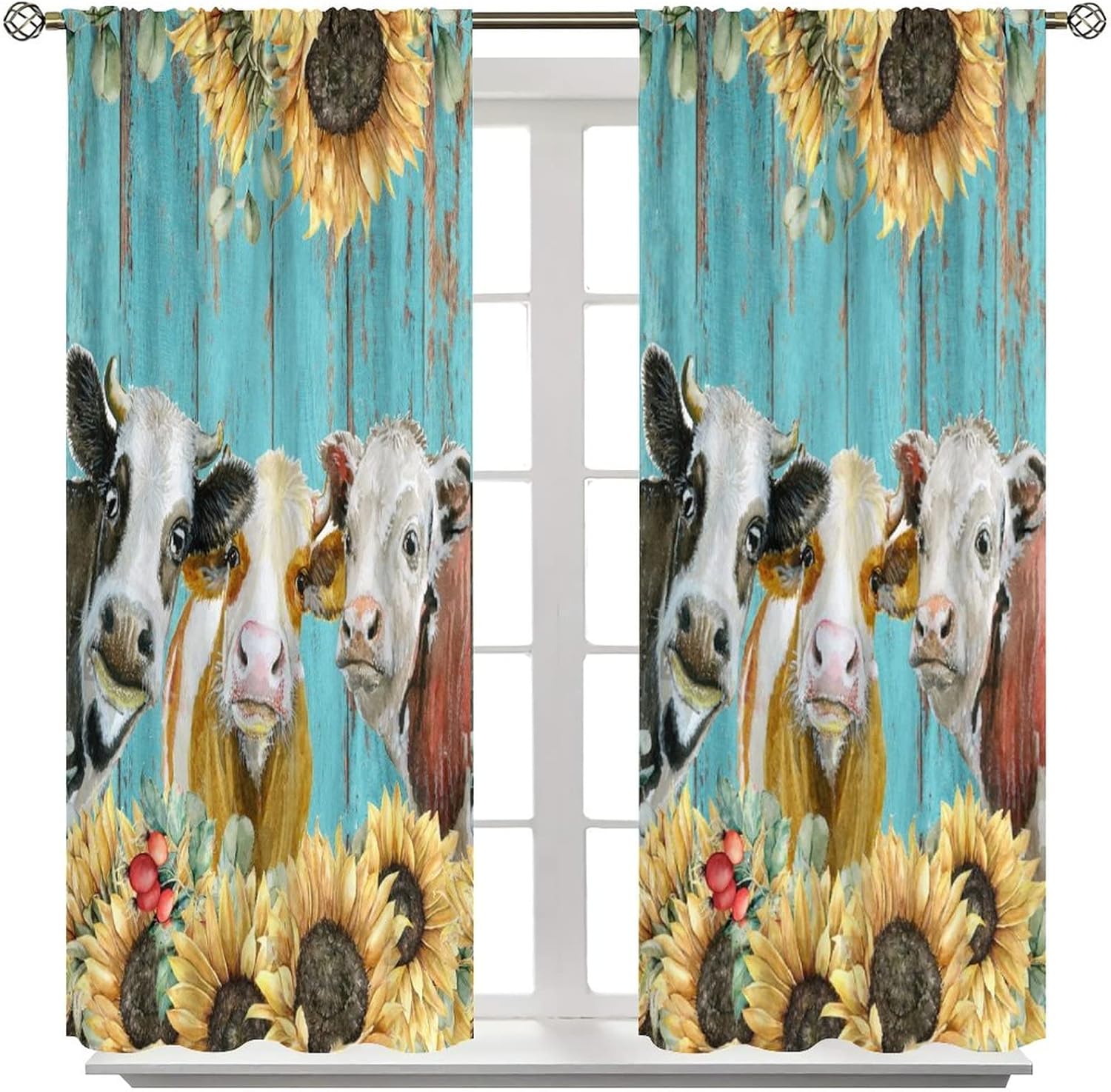 Farm Animal Cow Curtains， Country Western Wildlife Sunflower Print Window for Bedroom Retro Blue Wood Rod Pocket 2 Panel Sets, 55x63 Inch Decor