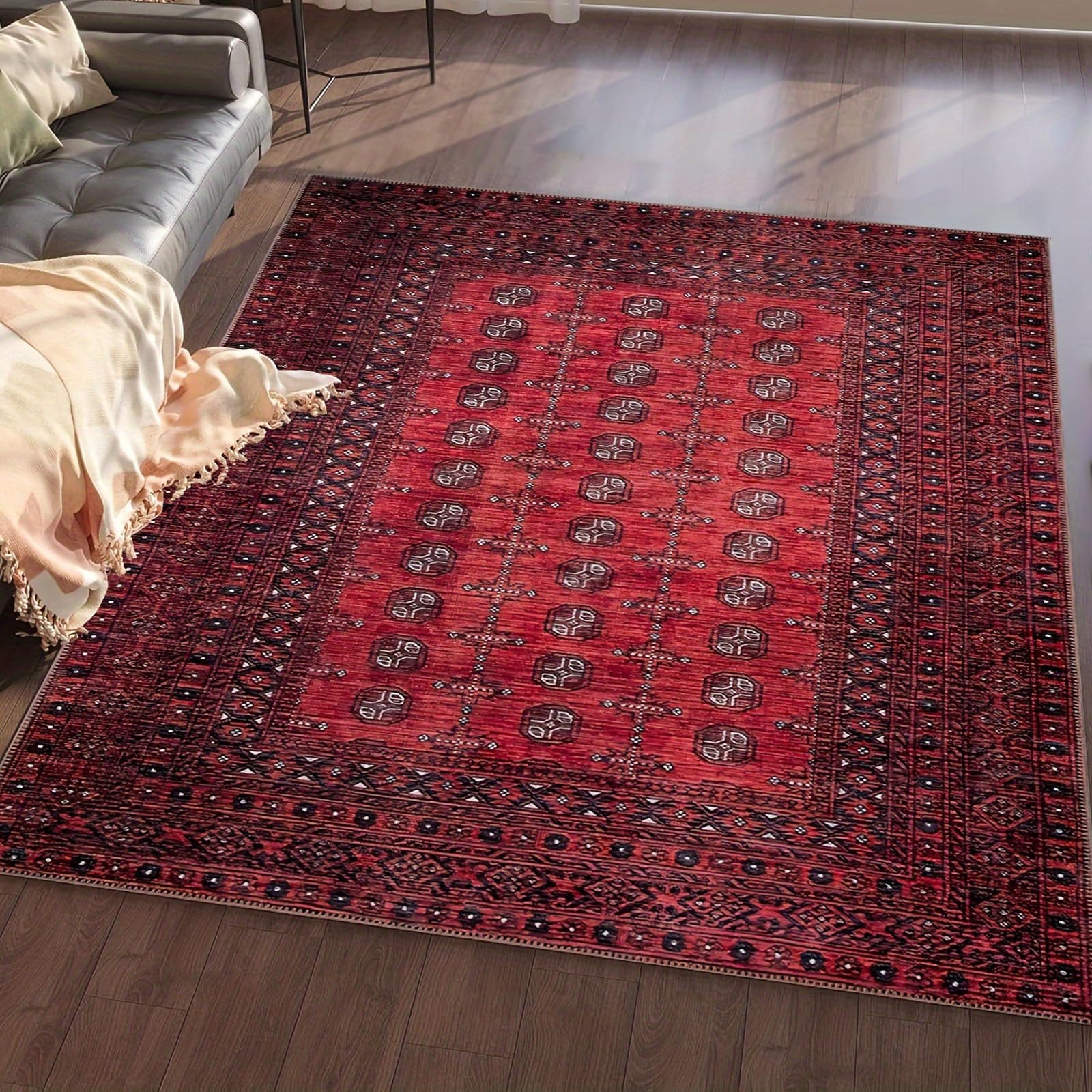 Tapis de chevet traditionnel 60x120 cm avec motif vintage rouge et noir