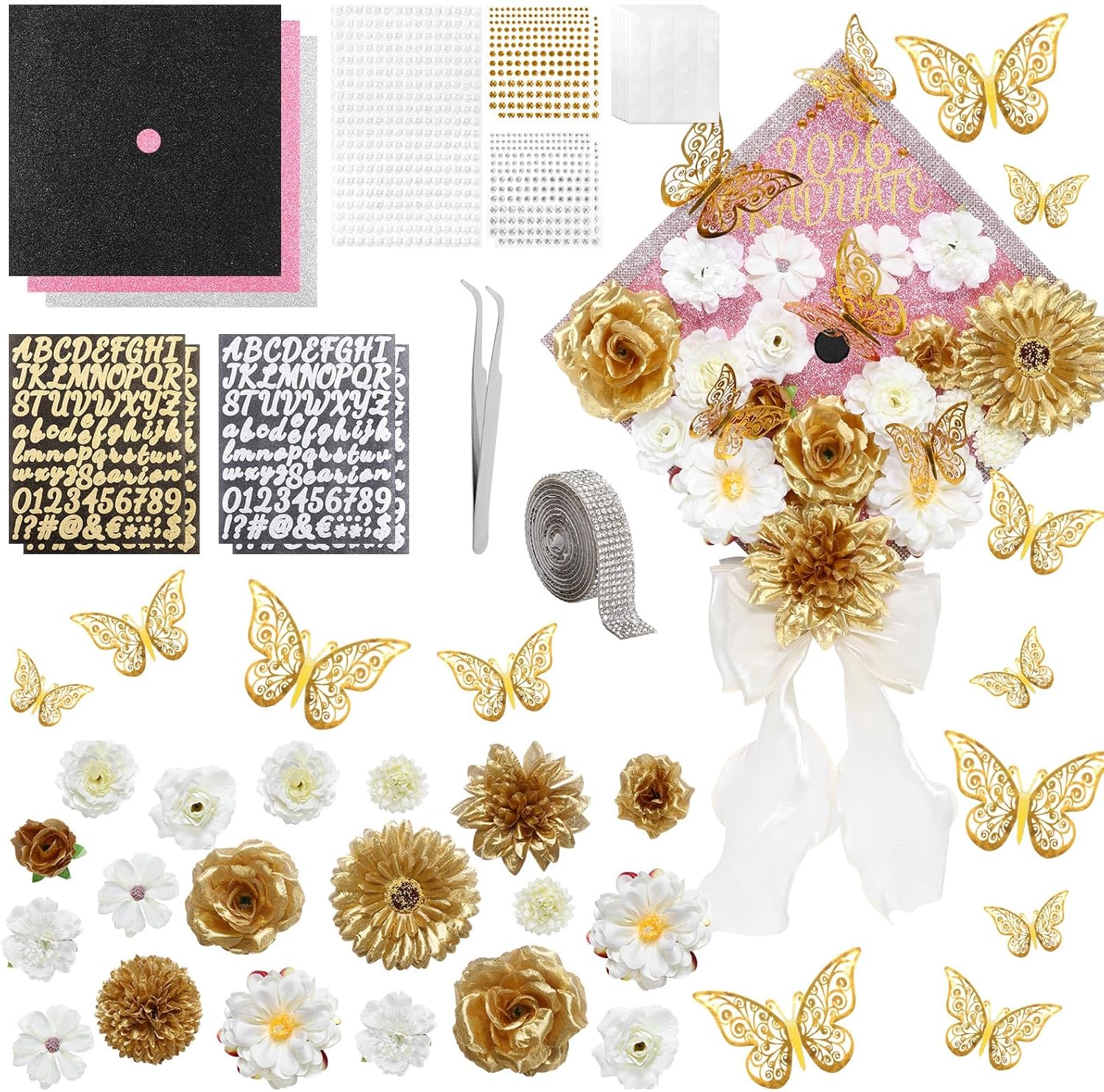 Harsever 48Pcs Graduation Cap Decorations DIY Kit,Grad Cap Decorations Decor with Faux Flower 3D Butterfly Rhinestones Alphabet Letter Stickers for DIY Graduation Party Supplies (Champagne)