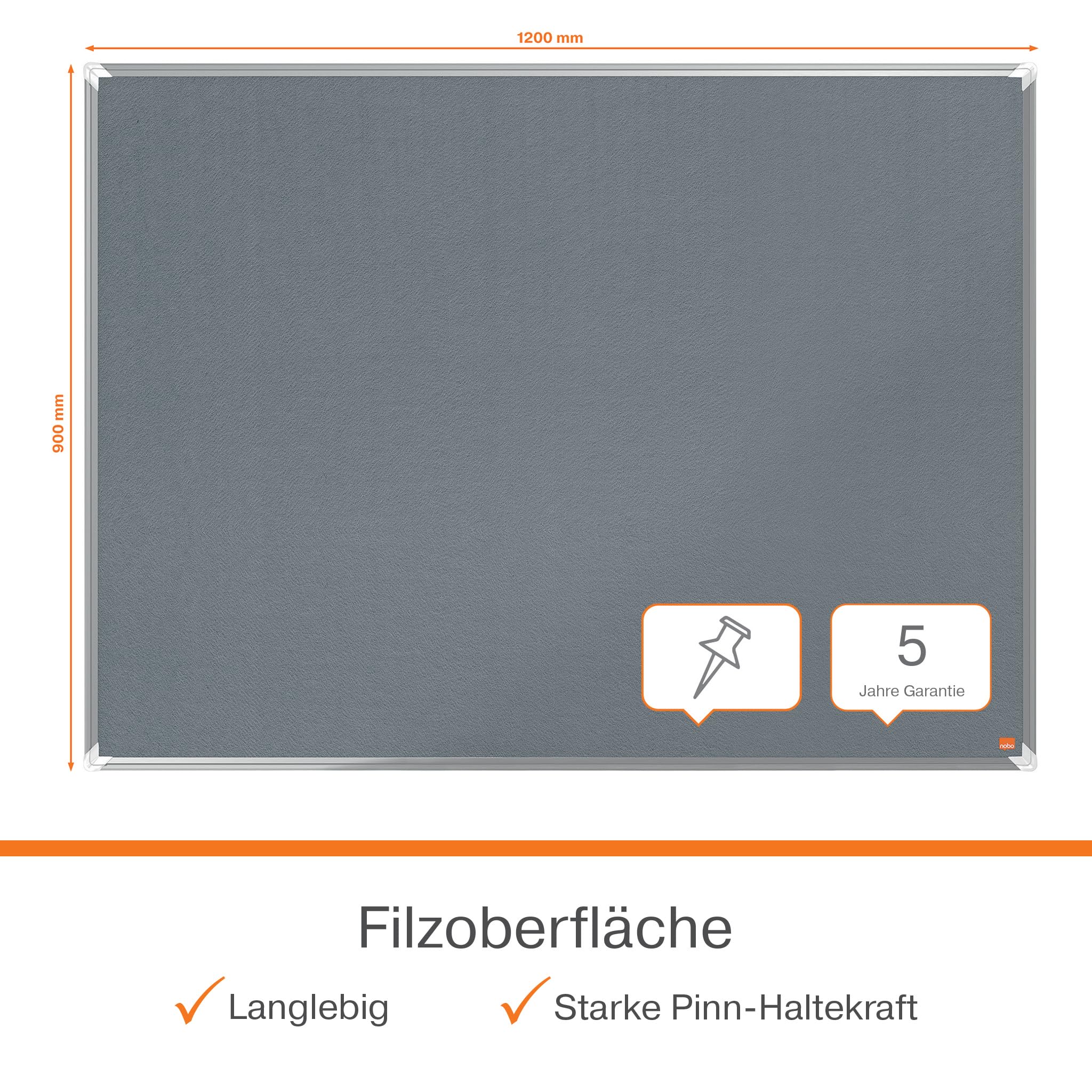 Nobo Filz-Notiztafel, 90 x 120 cm, Aluminiumrahmen, Traditionelle Eckmontage, Premium Plus, Grau, 1915196