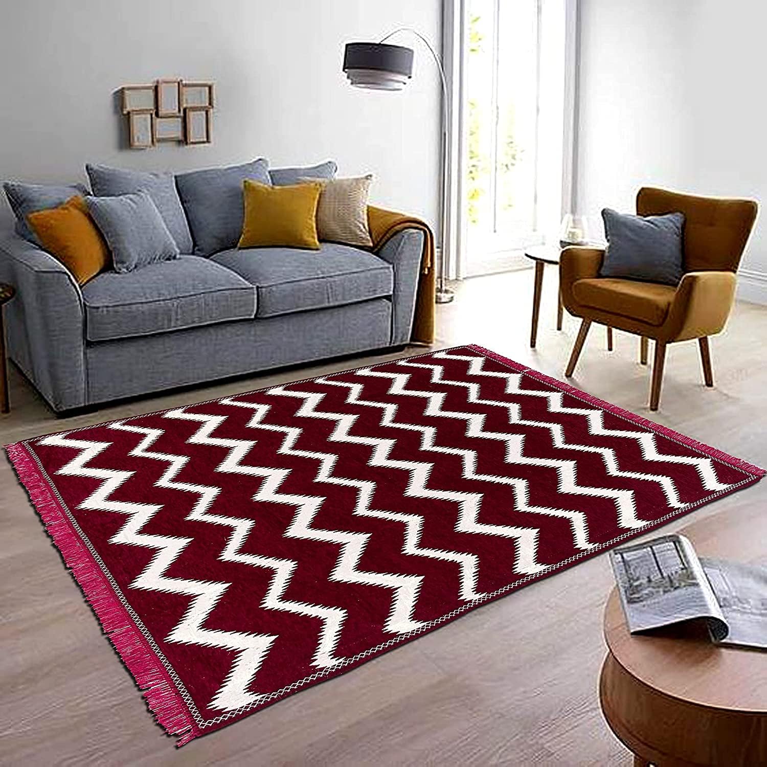 S.H.P. PRODUCT Superfine Exclusive Zig Zag Design Solid Carpet - Bed Runner - Area Rug - Floor Mat | Lightweight Abstract Superfine Feet Carpets for Living Room , Bedroom Area Rug (Magenta - 4.5X6 )