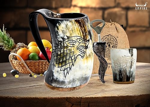 Miniatura 3 de Taza de cuerno vikingo de 16 oz con vaso de chupito y abridor de botellas, taza de cuerno de buey para bebidas frías, tazas de cerveza ALE Mead 100%