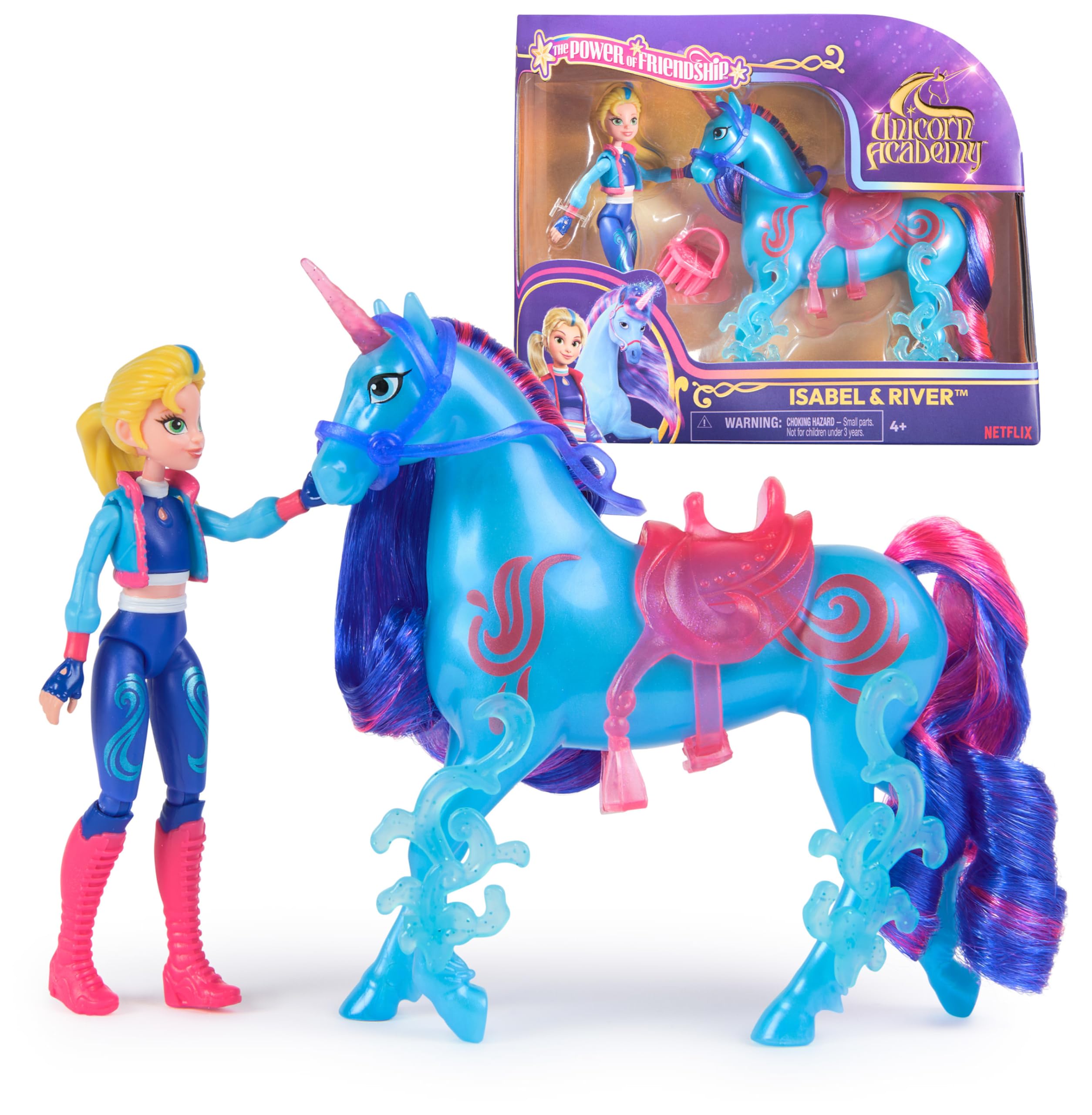 Unicorn Academy - Isabel und Einhorn River mit echter Mähne und Schweif sowie Bürste, ca. 12 cm große Originalfiguren zur beliebten Netflix Serie, für Kinder ab 4 Jahren