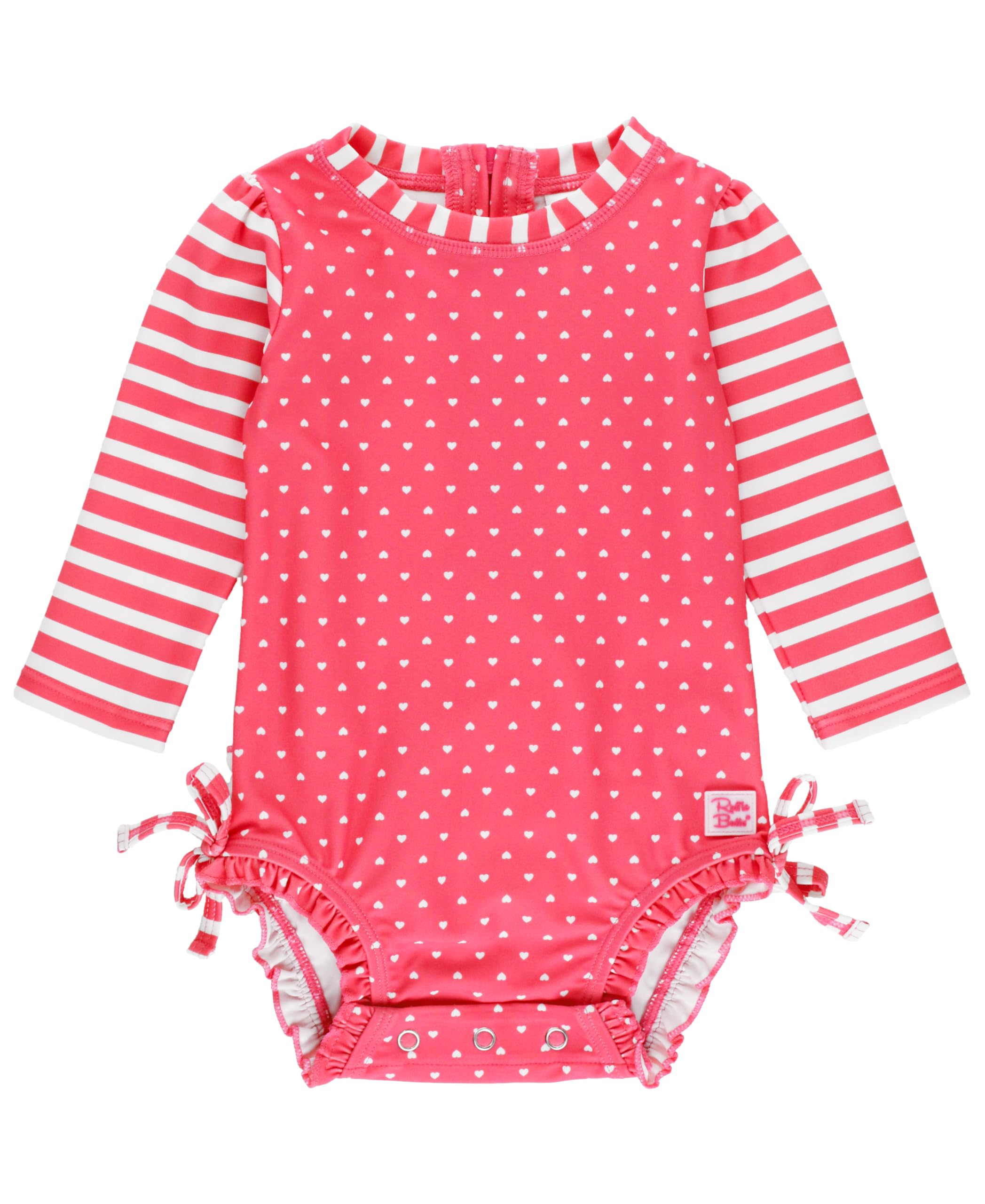 RuffleButts Baby Girls UPF 50+ Sun Protection Polka Dot Long Sleeve One Piece Rash Guard Swimsuit with Zipper