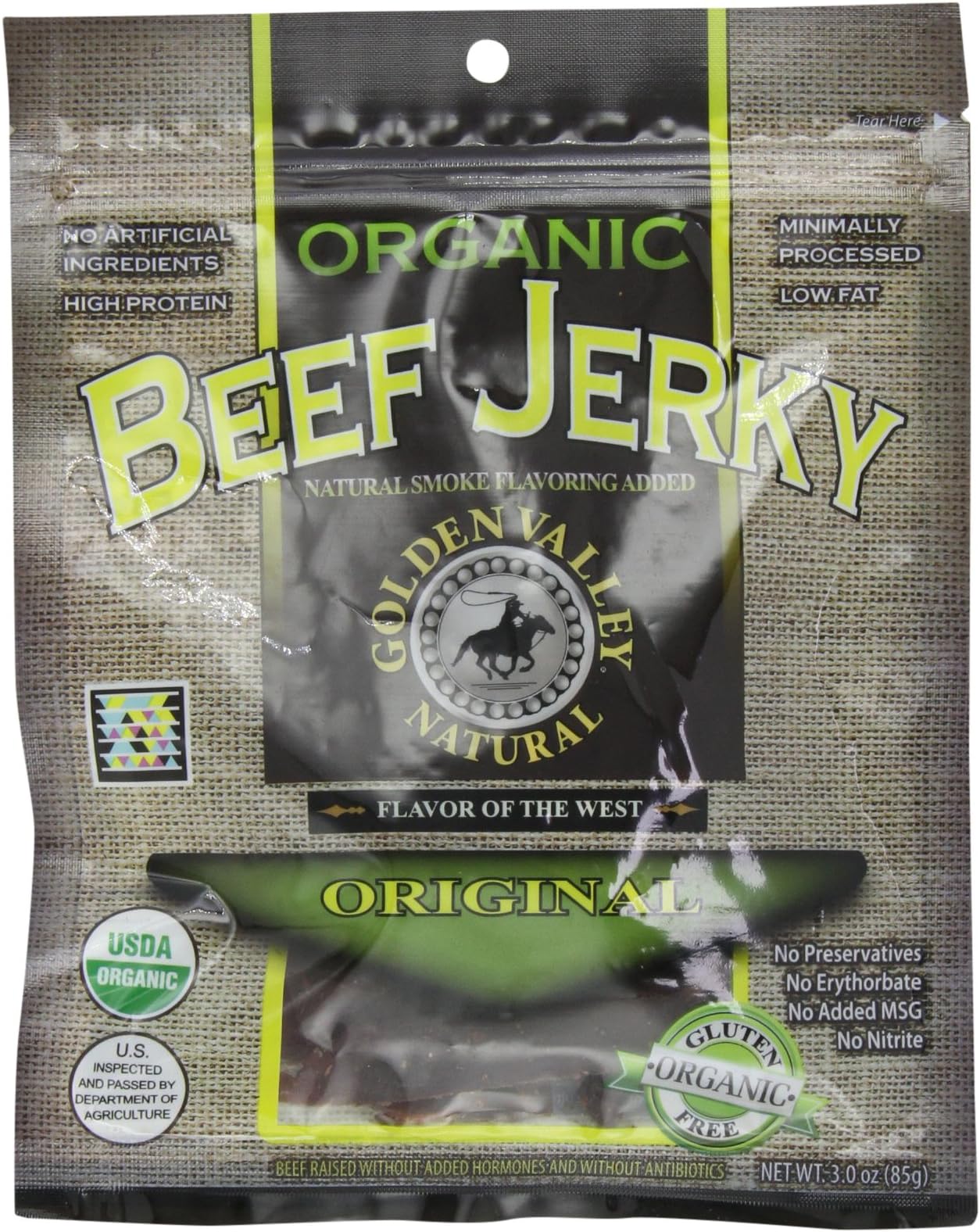 Golden Valley Natural Organic Beef Jerky, Original, 3-Ounce Pouches (Pack of 8)