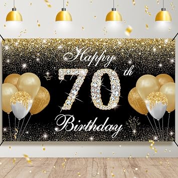Happy 70th Birthday Decorations for Men Women, Black Gold 70 Birthday Party Backdrop Banner, Yard Sign, Photo Booth Props Decor Supplies, Fabric, Outdoor Indoor, 6.1 x 3.6 ft