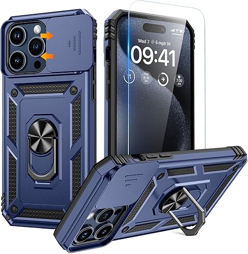 Goton Funda para iPhone 15 Pro con protector de pantalla - Funda protectora para cámara deslizante con soporte de anillo, resistente a los golpes y