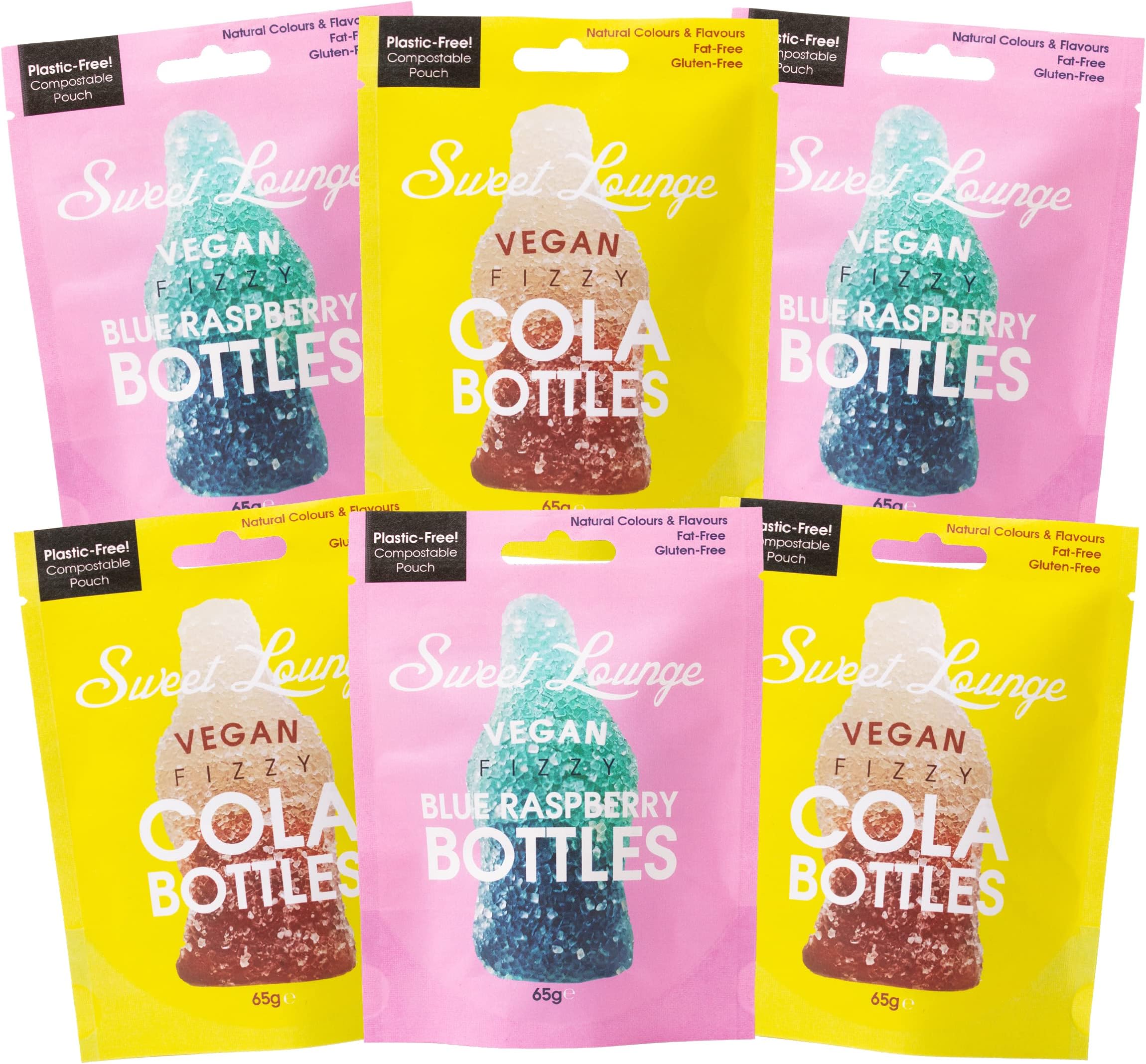 Sweet Lounge Vegan Gummy Bottles Bundle 6x 65g. Cola Bottles & Blue Raspberry Bottles Vegan Gummy Sweets. Gluten-free, plastic-free