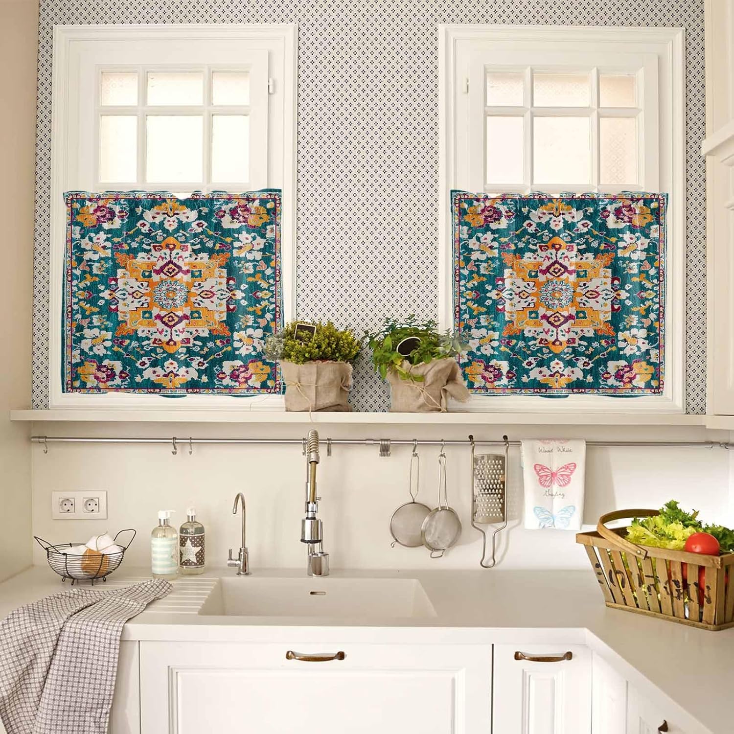 Vintage Southwest Kitchen Curtains Set 3 Piece for Windows, Rod Pocket Valance and Tier Set 24 Inch Length, Boho Aztec Farmhouse Pattern Art Light Filtering Cafe Curtains for Living Room Bathroom