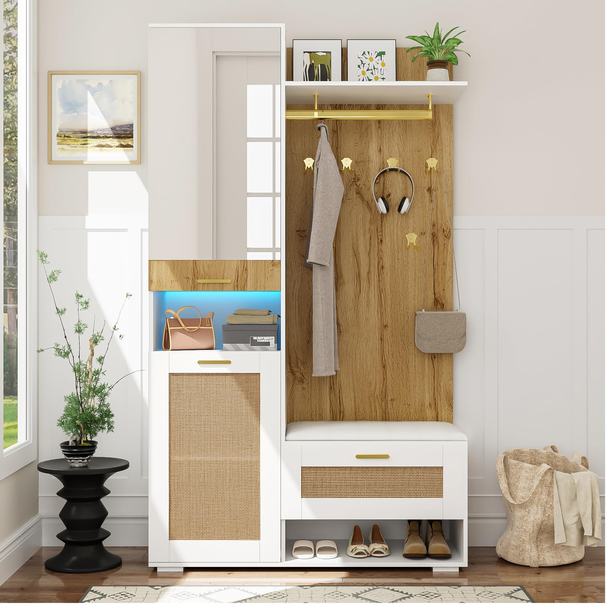 Garderobenset mit Spiegel und LED, Wandgarderobe mit Schuhbank, 110x38x190cm
