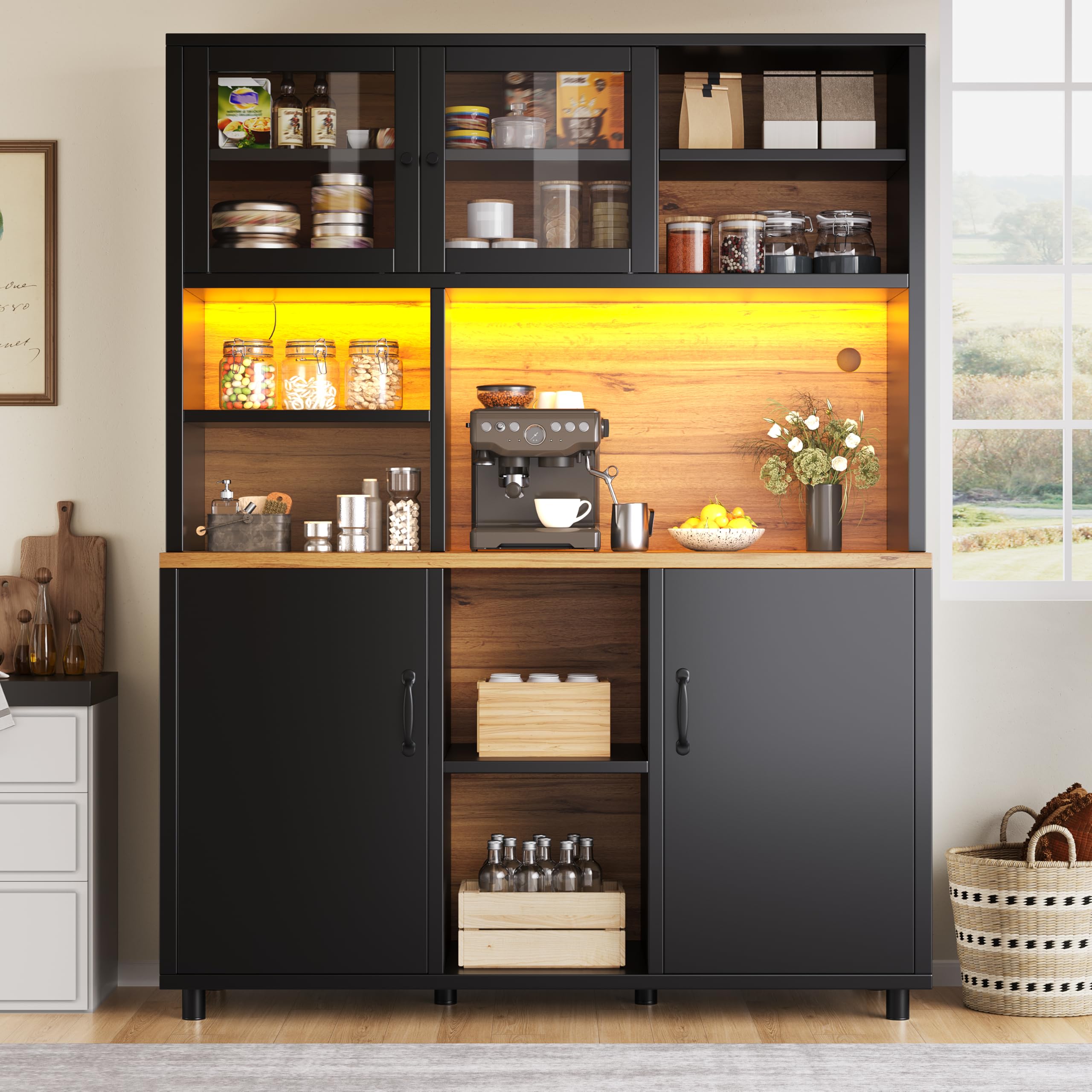 Küchenschrank mit LED, Hochschrank mit Schiebetüren & Arbeitsplatte, Buffetschrank mit Verstellbaren Regalen und Stauraum Regal, für Küche & Esszimmer & Wohnzimmer, Schwarz, 140x40.5x174.5cm