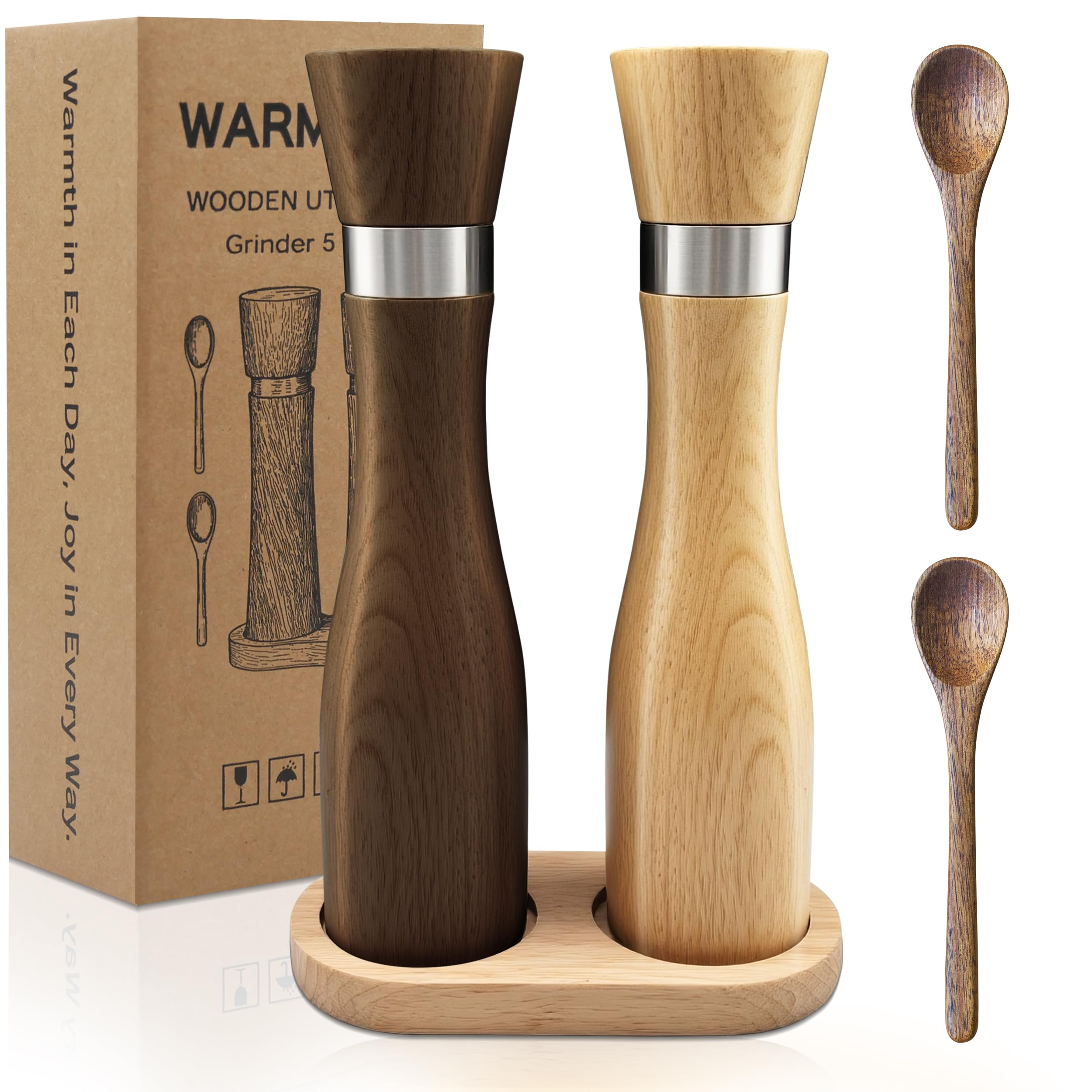 Solid Beech Wood Salt & Pepper Grinder 5PC Set, 9.25inch Manual Mills with Tray & Wooden Spoons, Adjustable Coarseness Ceramic Core,Refillable Non-Slip Base for Kitchen Countertop Dining Decor