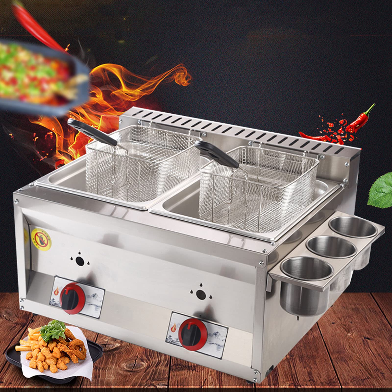 Friggitrice professionale Friggitrice a gas di grande capacità con vaschetta per condimento e 2 cestelli, Friggitrice in Acciaio Inossidabile Riscaldamento Rapid