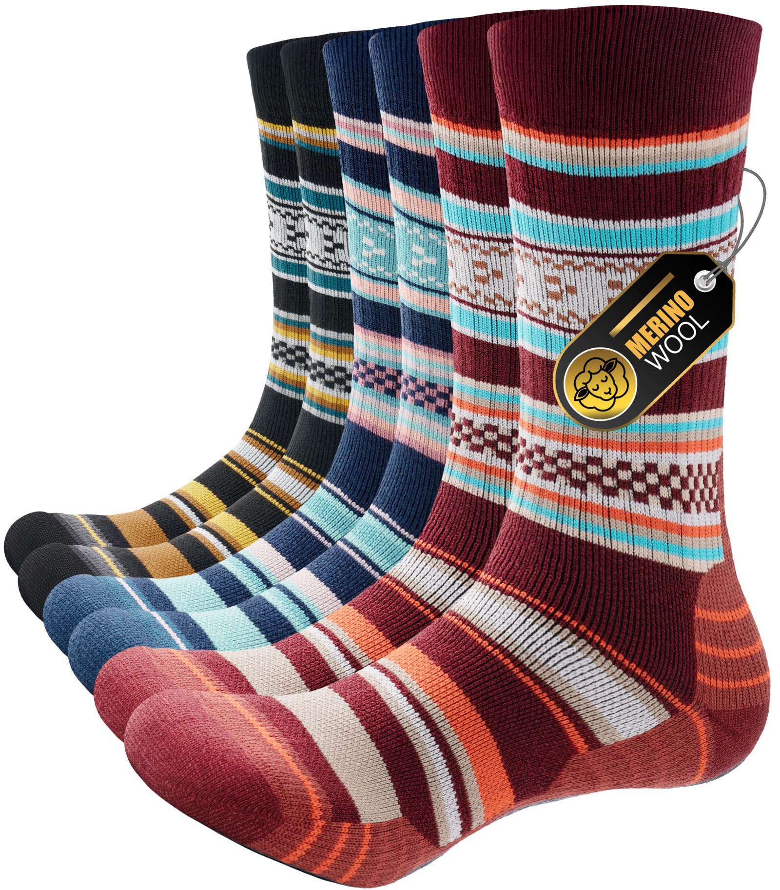 PULIOU Wandersocken Merino Socken Herren Damen, Outdoor & Trekking-Socken, Anti-Blasen, Gepolstert Arbeitssocken Laufsocken Sportsocken, Mehrfarbig 43-46 (3 Paar)
