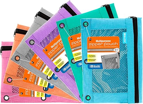 BAZIC - Estuche para lápices de 3 anillos con agujeros de anillos reforzados con remaches, bolsa de malla de color pastel con cremallera para