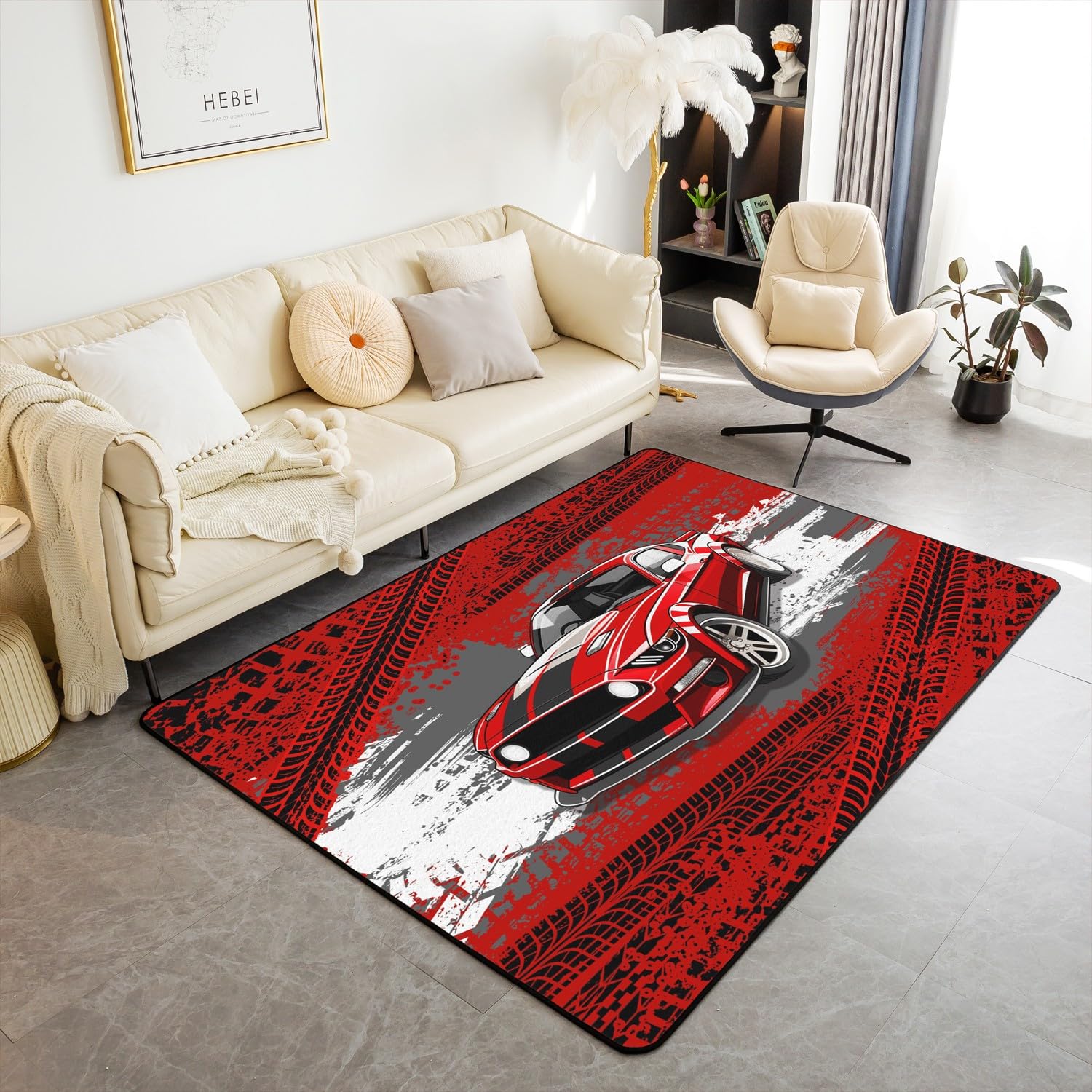 Castle Fairy Racing Car Rug 5x6'6''(150cmX200cmX1cm),Red Race Car Extreme Sports Decor Non Shedding Rug for Bedroom Playroom Bedside,Grid Flag Red