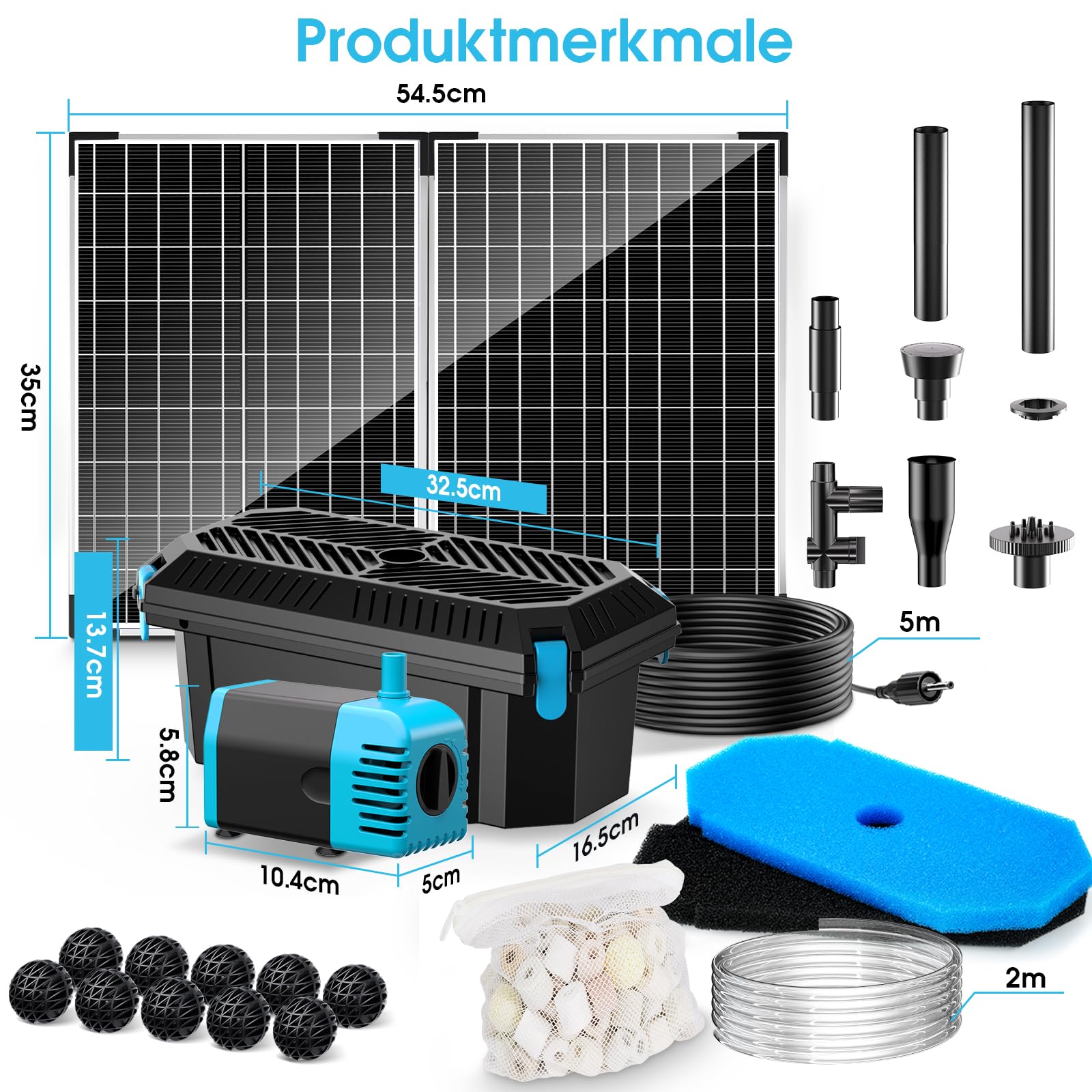 POPOSOAP 40W Teichfilter Solar mit Springbrunnenpumpe, 1620 L/h Komplettes Teichfiltrations- und Solarbrunnen-Set für kleine Gartenteiche, Aquarien und Wasserspiele