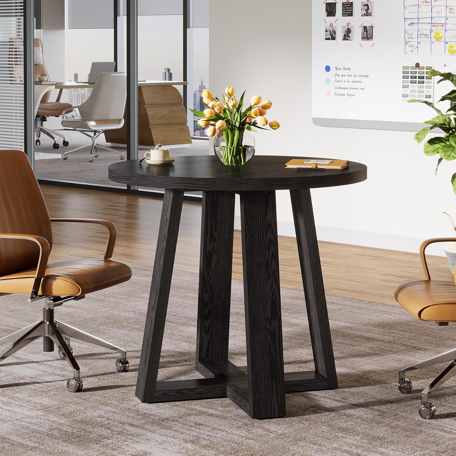 Tribesigns Round Conference Table for 2-4 People, 31.5-Inch Small Wooden Office Table with Sturdy Base, Farmhouse Home Office Meeting Desk for Small Spaces, Black