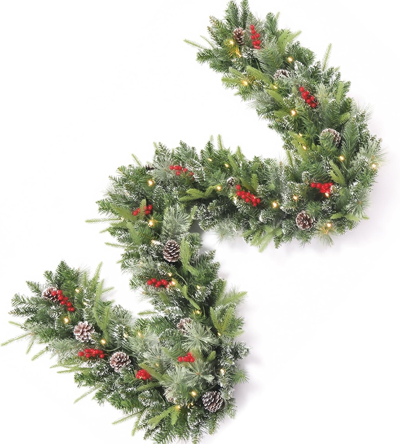 9FT Prelit Christmas Garland Decorations White Light, Snow Xmas Garland with Lights, Pulg in, for Outdoor Indoor, Home Decoration Mantle Stairs Railing Fireplace Outdoor Indoor Door Plug In Polyvinyl Chloride (PVC) Green Snow 9FT