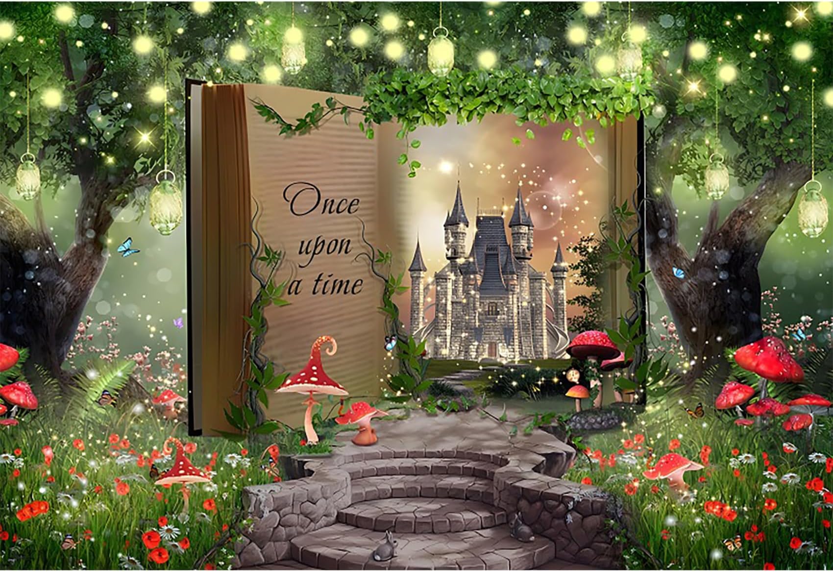 MIRRORANG 3,5x2,5m Enchanted Forest Backdrop Fairy Tale Magic Book Fantasy Castle Mushroom Firefly Photography Background Girl Child Baby Shower Birthday Party Banner Photo Studio Props, Vinyl