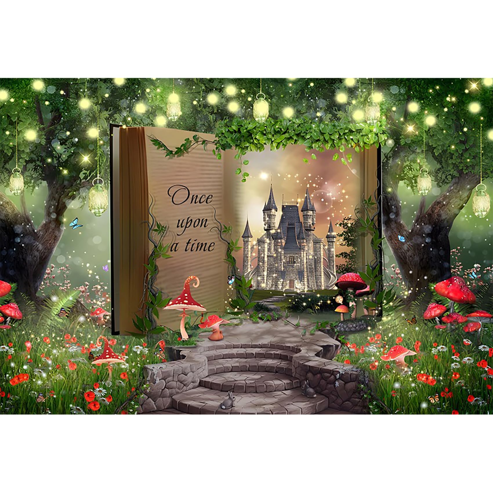 MIRRORANG 3,5x2,5m Enchanted Forest Backdrop Fairy Tale Magic Book Fantasy Castle Mushroom Firefly Photography Background Girl Child Baby Shower Birthday Party Banner Photo Studio Props, Vinyl