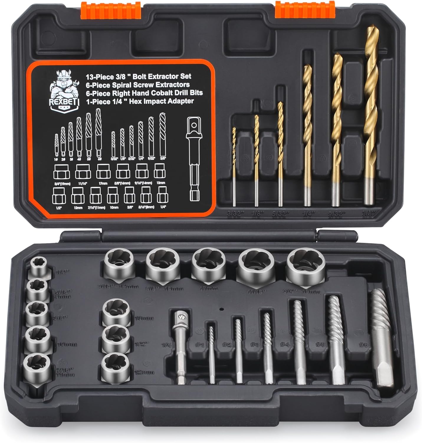 REXBETI 26-Piece Bolt Extractor Screw Extractor Set and Cobalt Drill Bit Set, Case with 13-Piece Bolt Extractor, 6-Piece HSS Drill Bit, 6-Piece Spiral Screw Extractor and 1-Piece Socket Adapter 26 piece