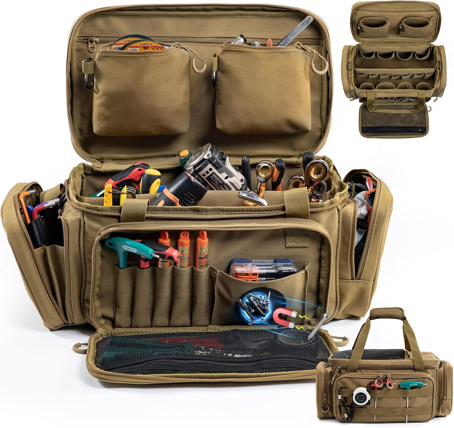 Heavy Duty Tool Bag Organizer with Strong Magnets & Detachable Pouches, Tactical Tool Tote for Men, Multiple Pockets, Anti-Friction Bottom Utility Tool's Bag for Electrician,Mechanic