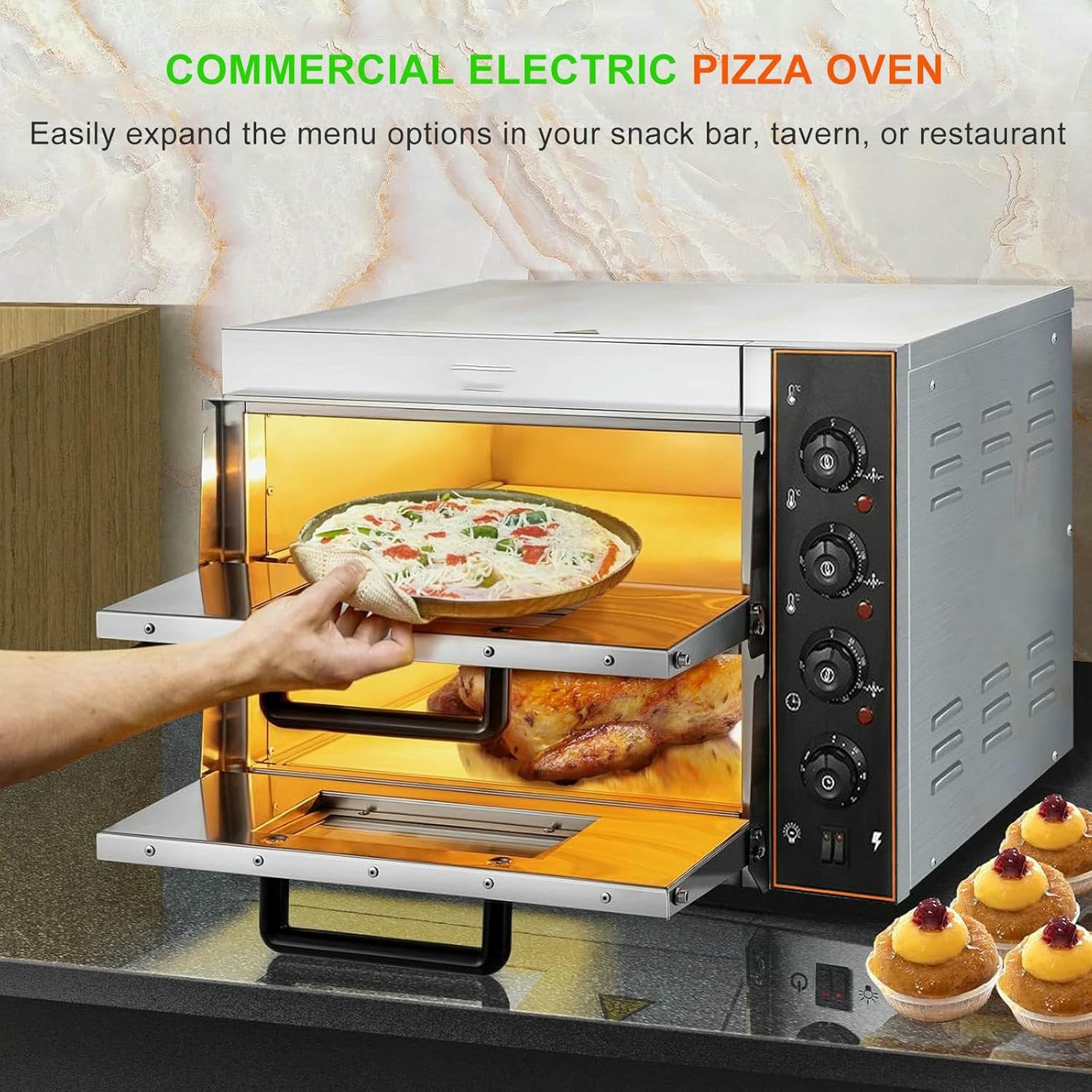 Forno Di Pizza Controsoffitto Commerciale, Tostapane Elettrico In Acciaio Inossidabile Con Manico E Griglia 40 Cm Per Pretzel In Cottura A Doppio Ponte Fatto In Casa, Timer Da 10-60 Minuti, 3000W