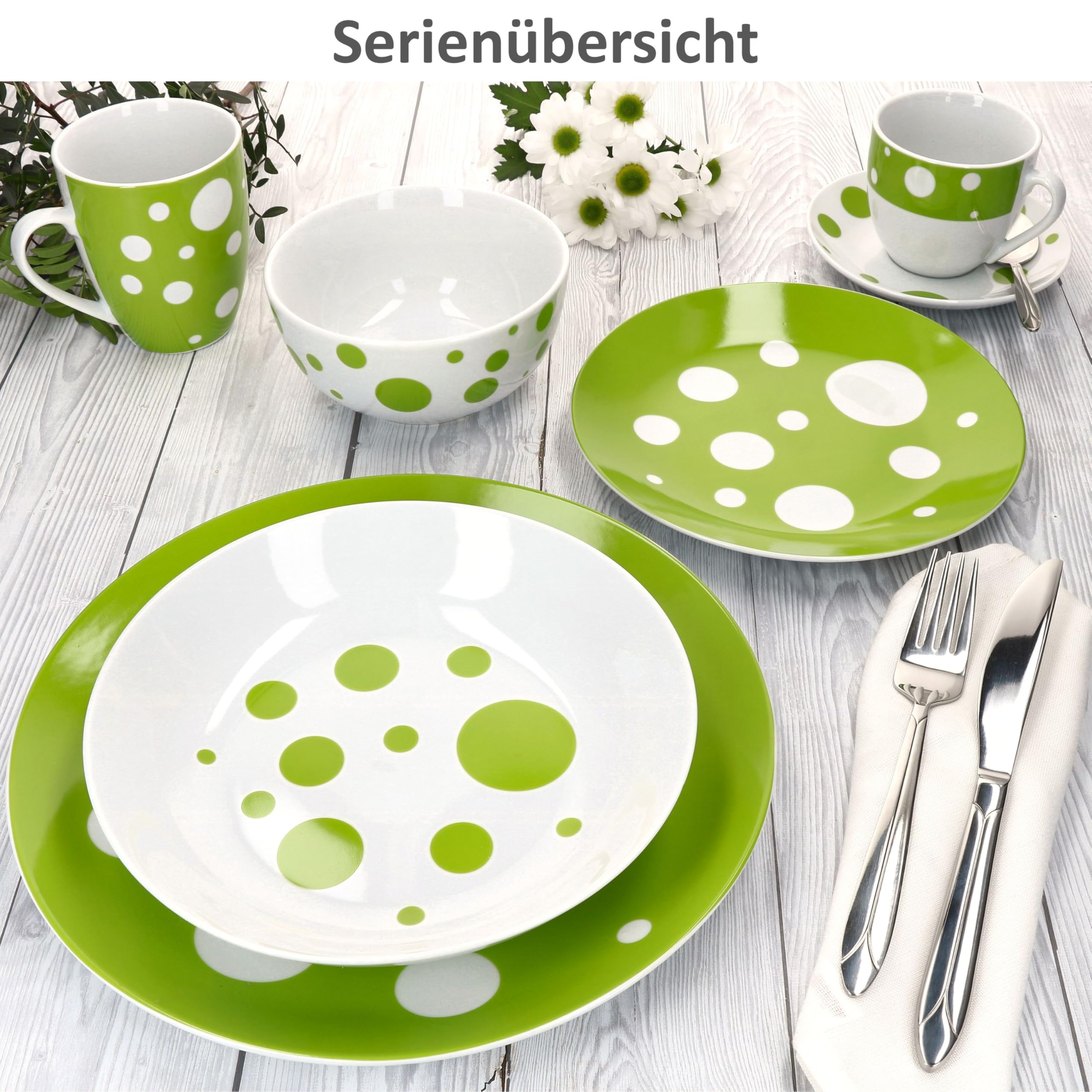 MamboCat Pula grün 6er Set Kuchenteller I weißes Porzellan-Frühstücksteller mit Punkten für 6 Personen I kleine Teller für Salat, Dessert, Fingerfood & Co.