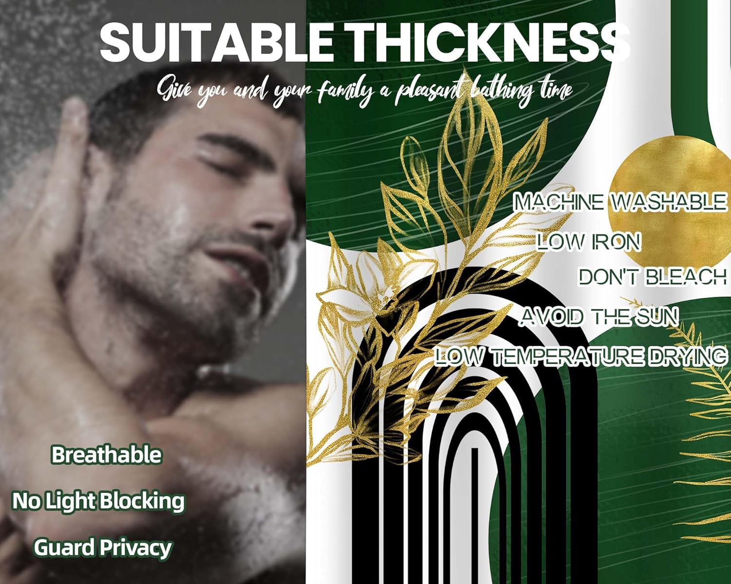 Olive Green and Gold Shower Curtain Boho Mid Century Modern Hunter Green Shower Curtains for Bathroom Decor Sets, Waterproof Cloth Fabric with Hooks 70x96in