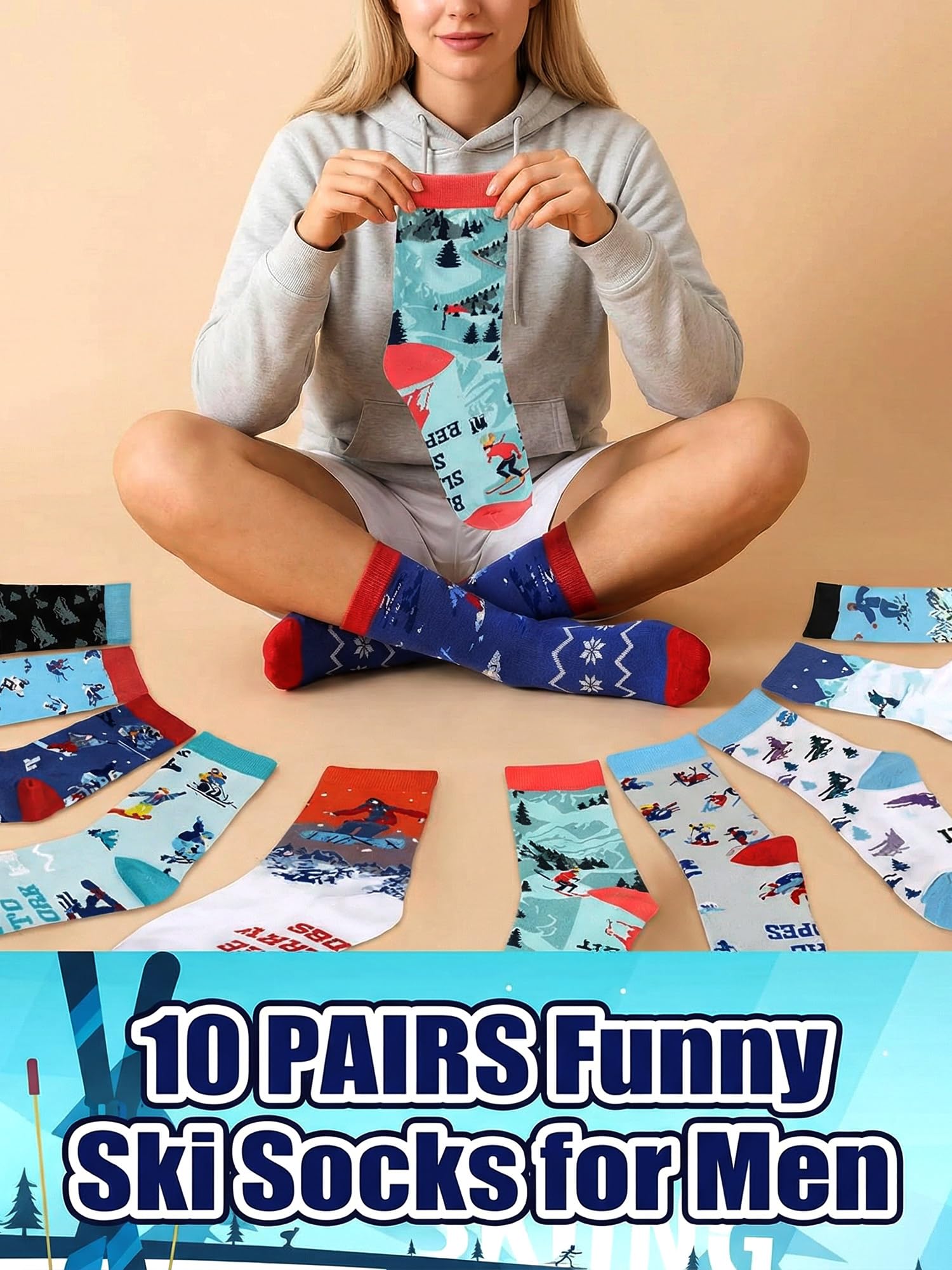 Maiteenly 10 Pairs Funny Ski Crew Socks for Women Adults - Novelty Snow Skiing Casual Socks Bulk Ski Accessories Gift for Women Men Skiers Snowboarding Lover