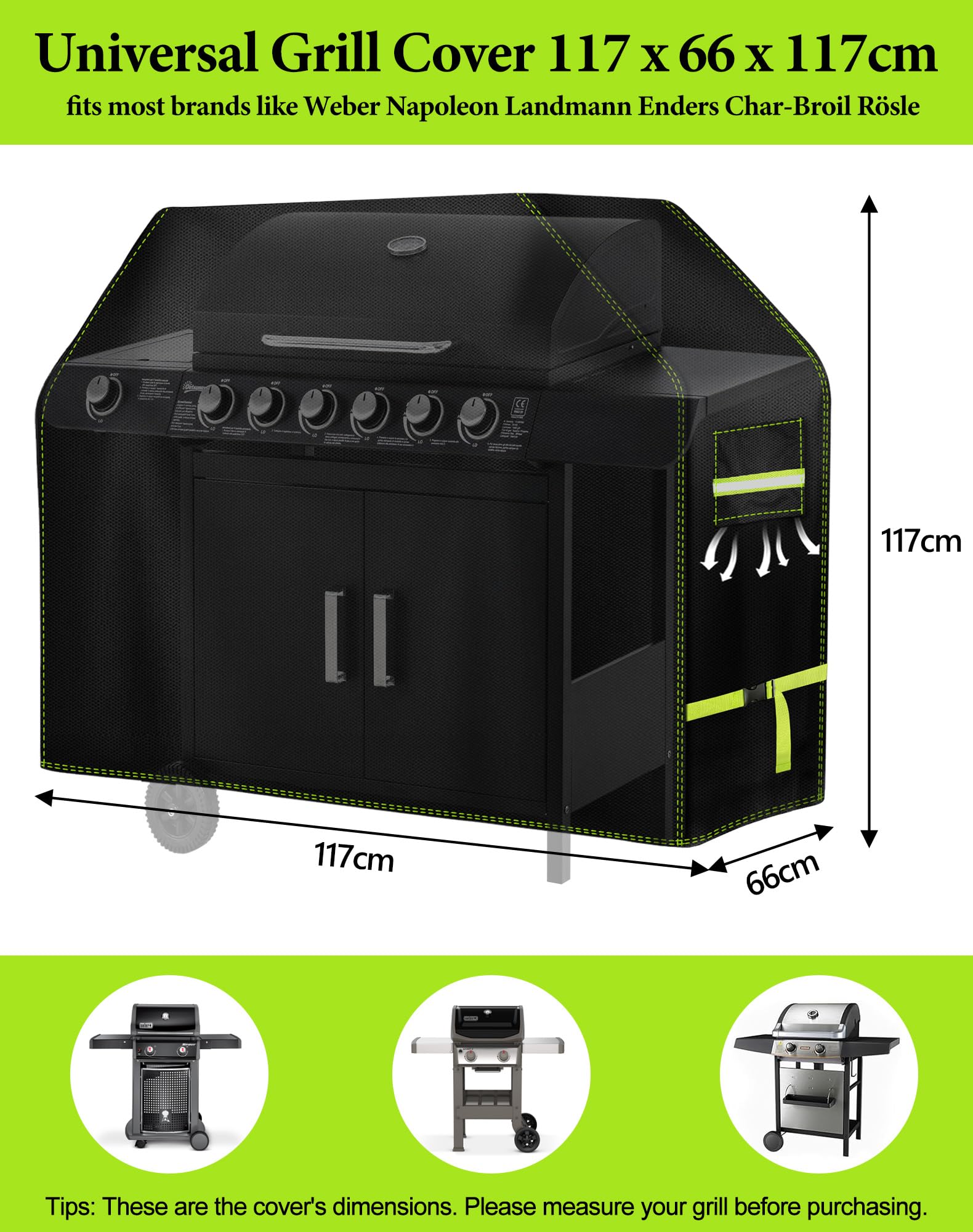 Marque : VDISRR VDISRR Housse Barbecue Exterieur, Résistante de 600D Oxford Housse Plancha Impermeable 117 x 66 x 117 cm Bâche de Protection avec Bouche D'aération Anti-UV/Anti-l'eau/Anti Vent/Antipoussière in use