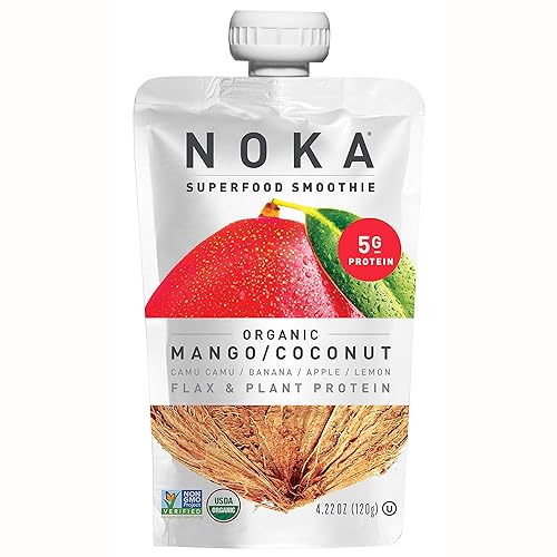 NOKA Superfood Pouches - Bolsas de mango y coco, 100% orgánico para batidos de frutas y verduras, sin OMG, sin gluten, vegano, 0.18 oz de proteína