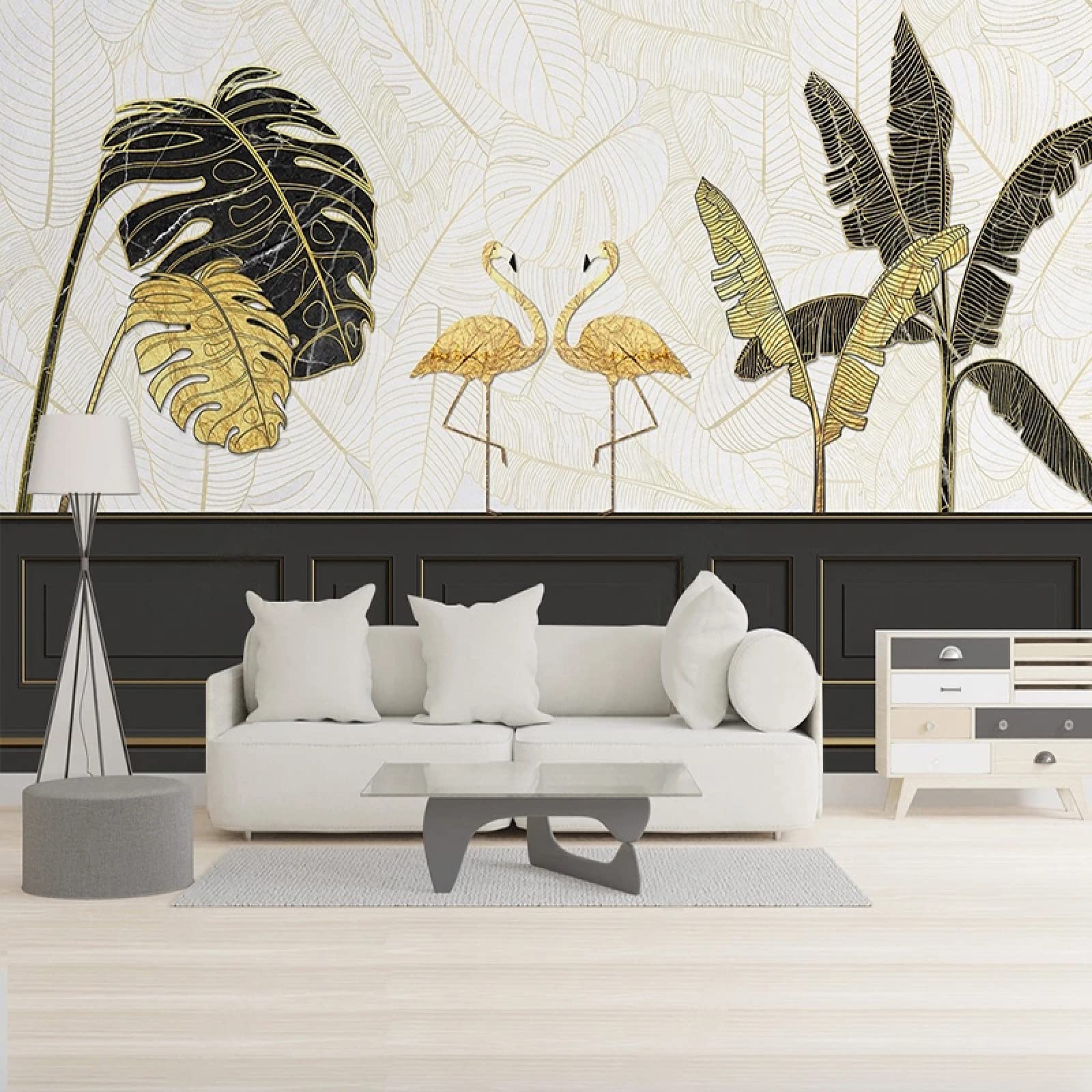 Lignes d'or tropical : rompez la monotonie du mur TV de salon