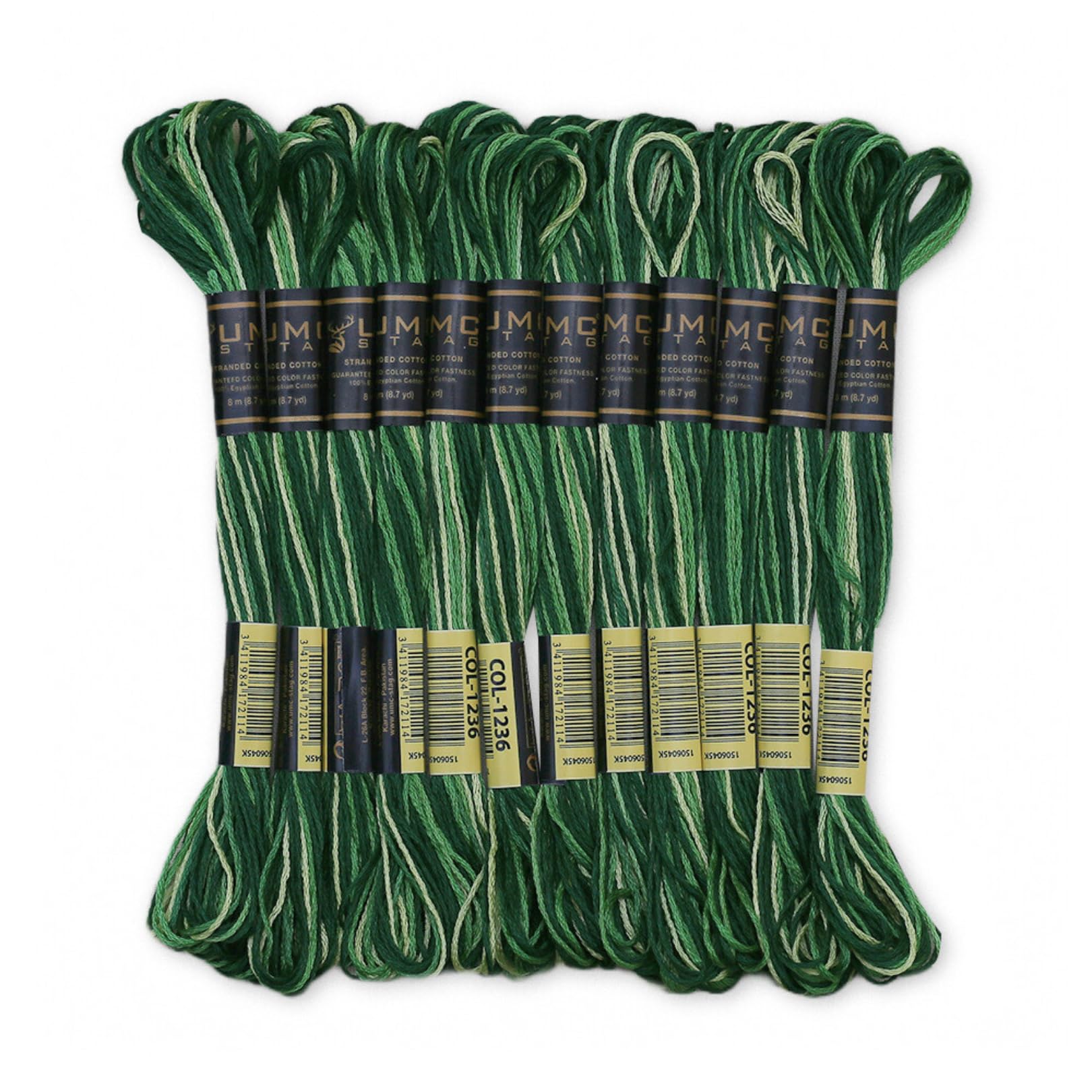 Pack of 12 Premium Embroidery Thread | 100% Egyptian Cotton Premium Skeins | Cross Stitch Embroidery Floss | Oeko TEX Certified Stranded Cotton | (Green Variegated 1236)